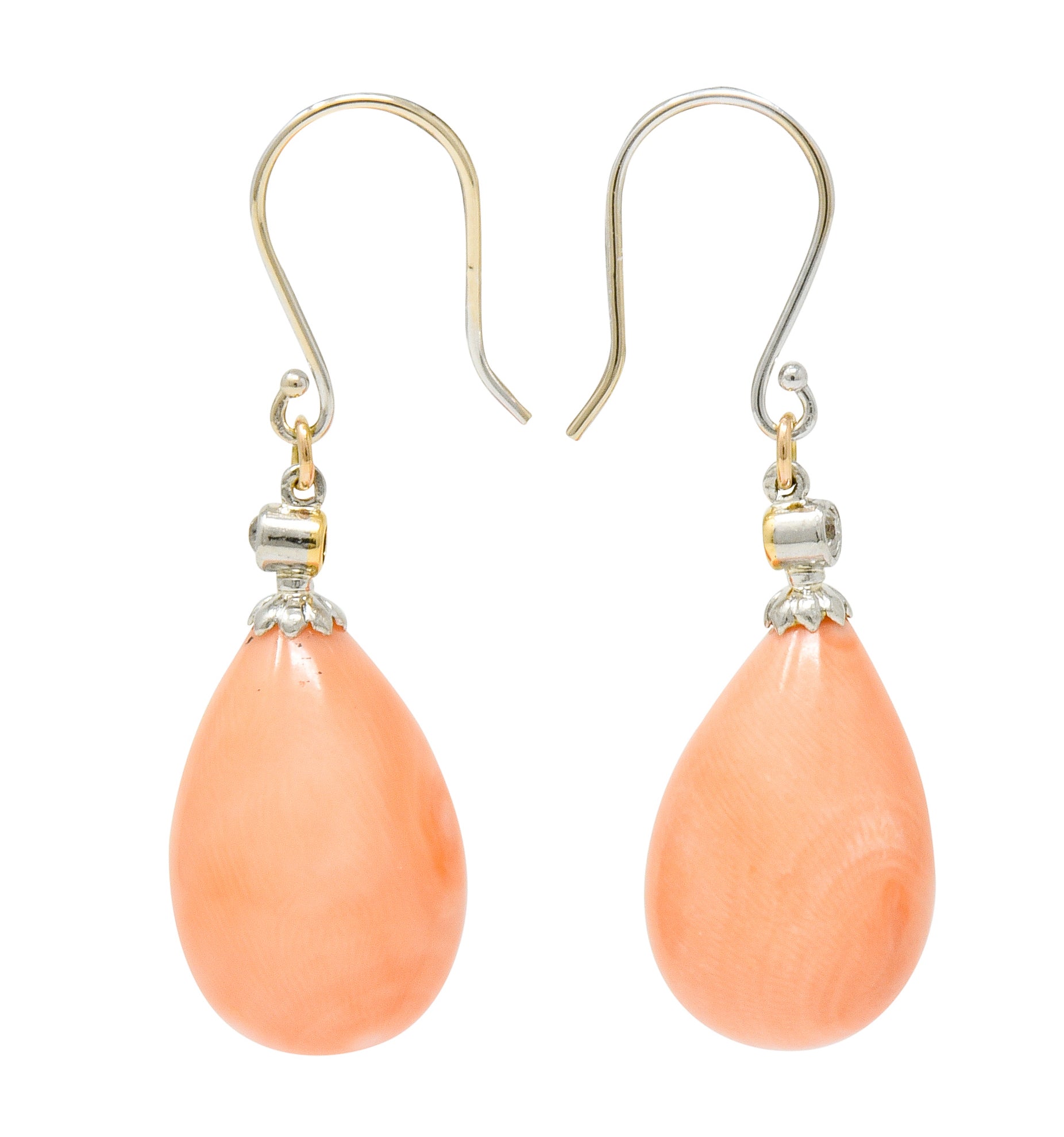 Edwardian Old Mine Diamond Coral Platinum-Topped Gold Drop Earrings - Wilson's Estate Jewelry