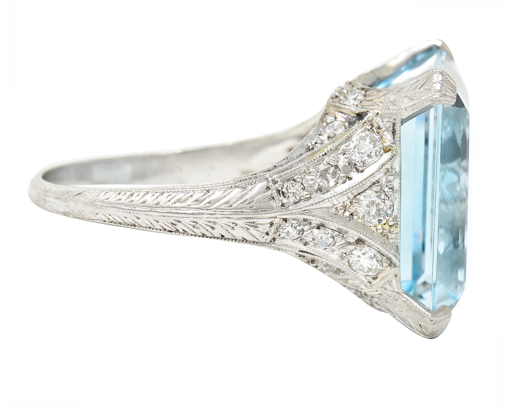 Art Deco 13.08 CTW Emerald Cut Aquamarine Diamond Platinum Vintage Cocktail Ring Wilson's Estate Jewelry