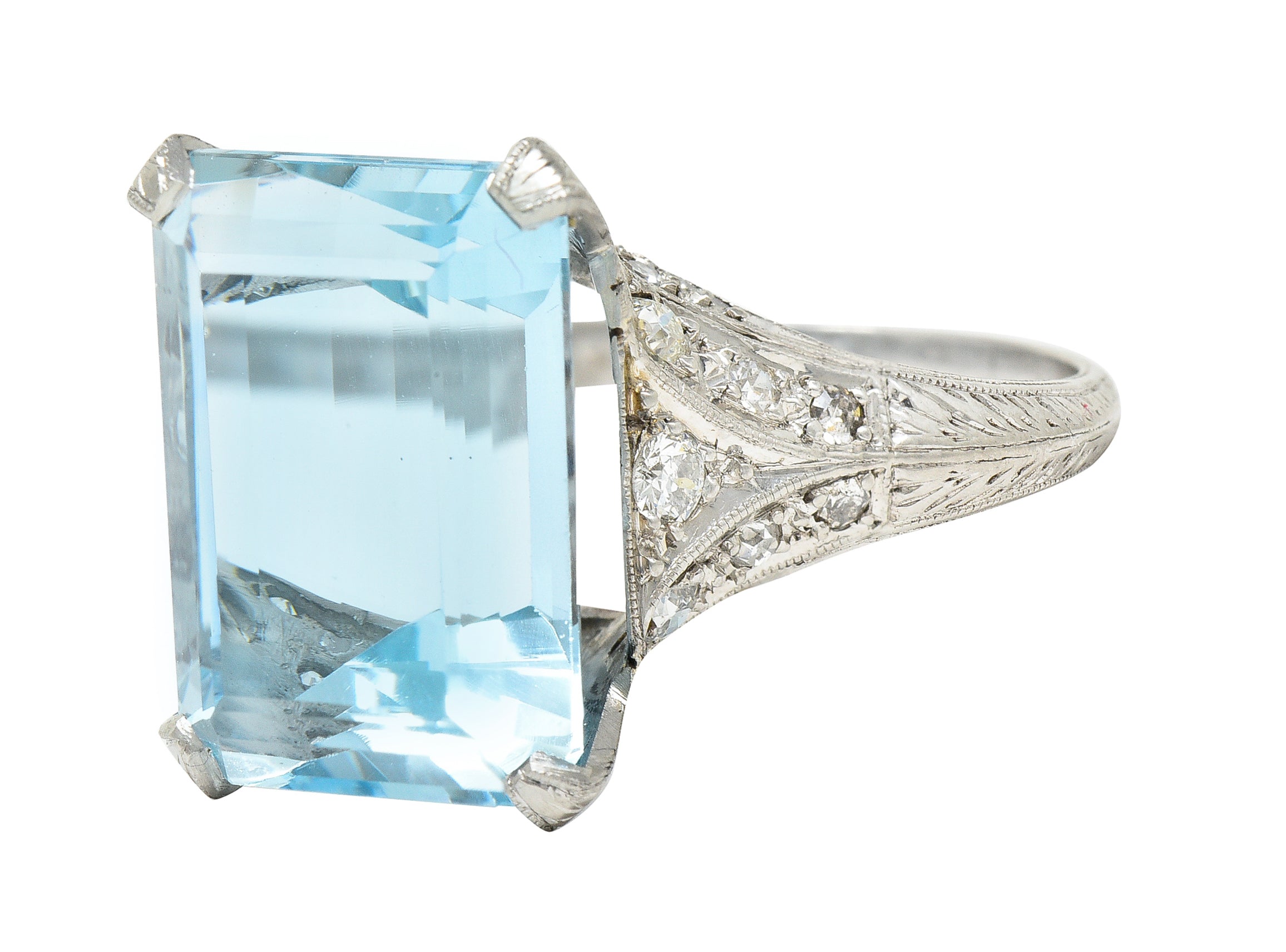 Art Deco 13.08 CTW Emerald Cut Aquamarine Diamond Platinum Vintage Cocktail Ring Wilson's Estate Jewelry