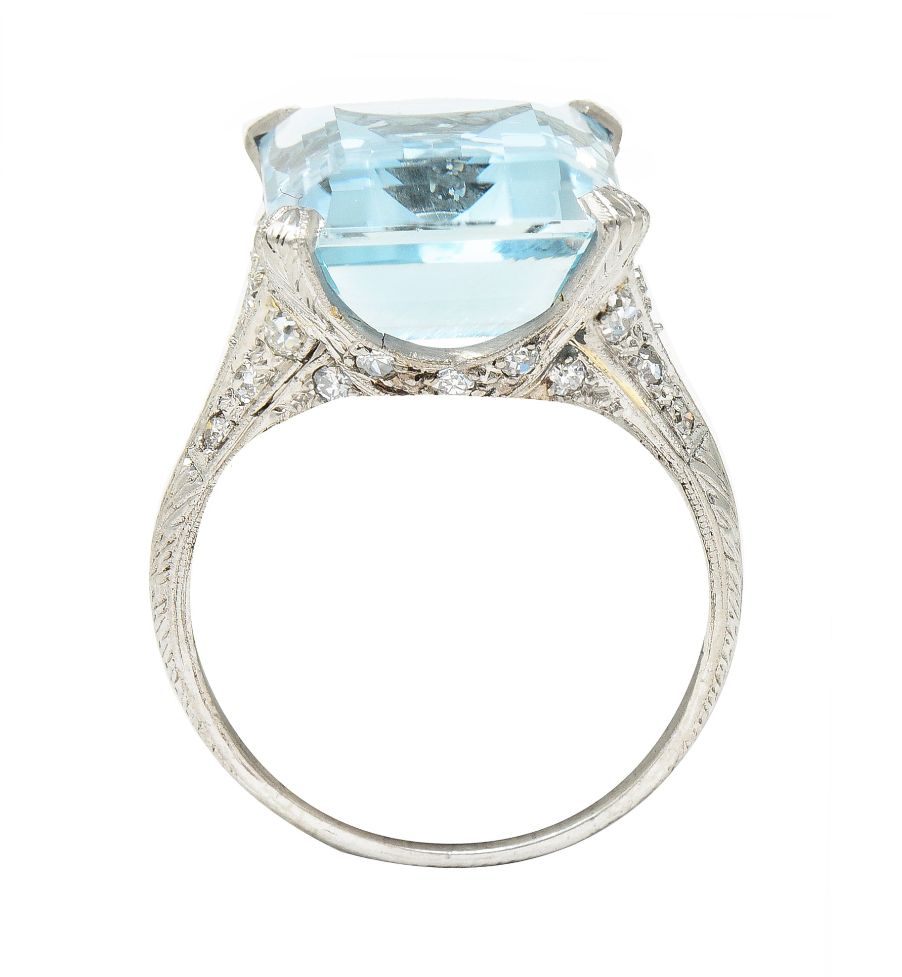 Art Deco 13.08 CTW Emerald Cut Aquamarine Diamond Platinum Vintage Cocktail Ring Wilson's Estate Jewelry