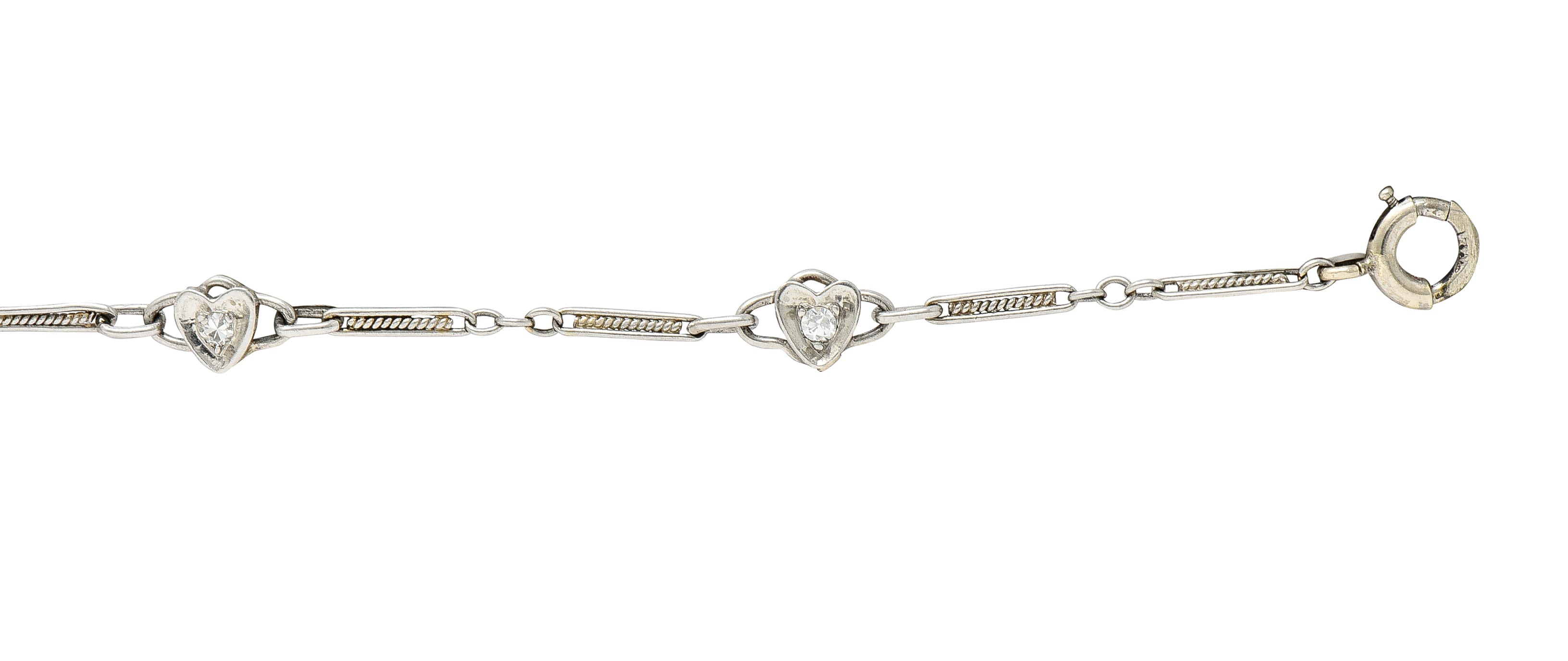 Art Deco Diamond Platinum 14 Karat White Gold Heart Wedding Engagement Charm Bracelet Wilson's Estate Jewelry