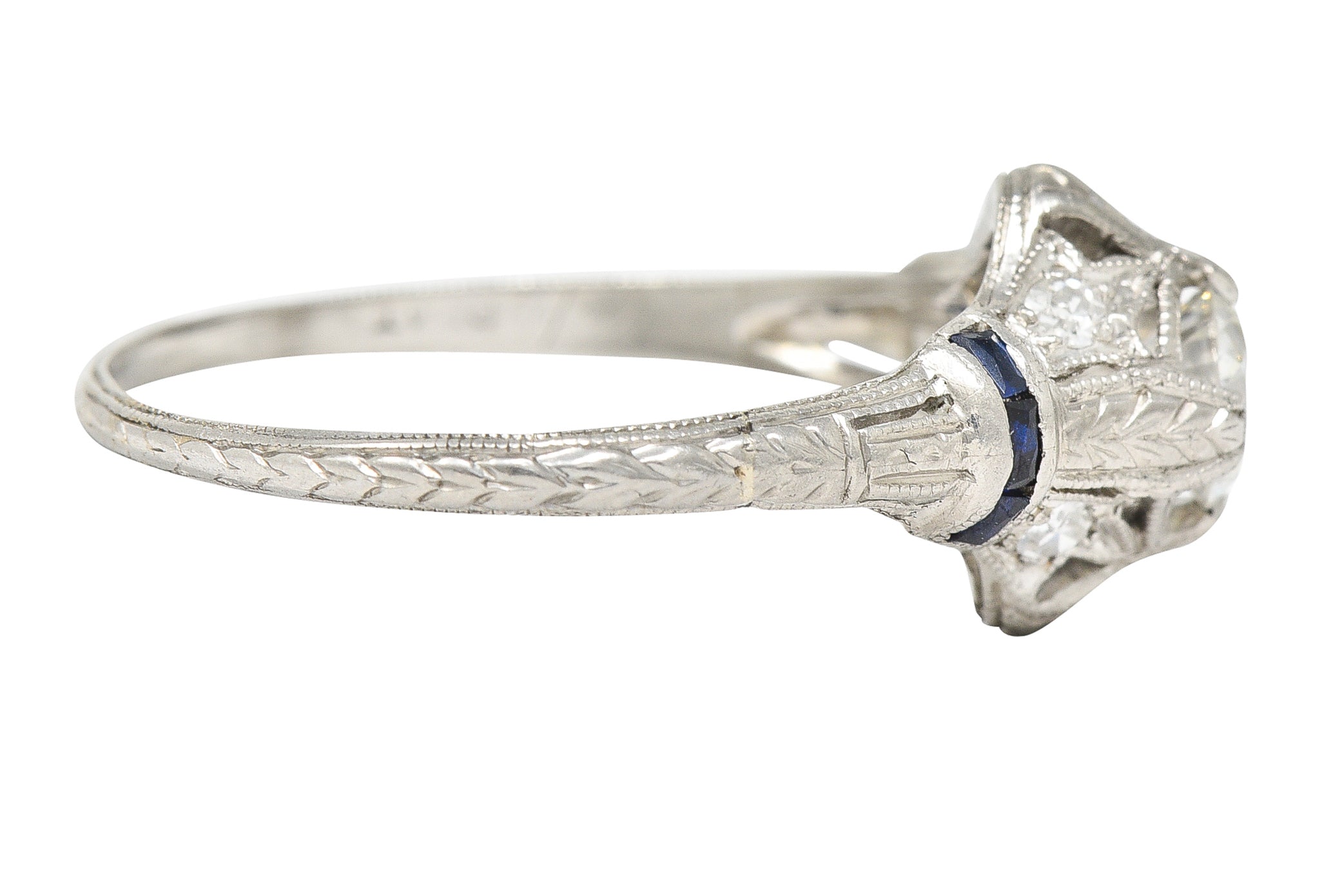 Art Deco 0.48 CTW Diamond Sapphire Platinum Foliate Engagement Ring Wilson's Estate Jewelry