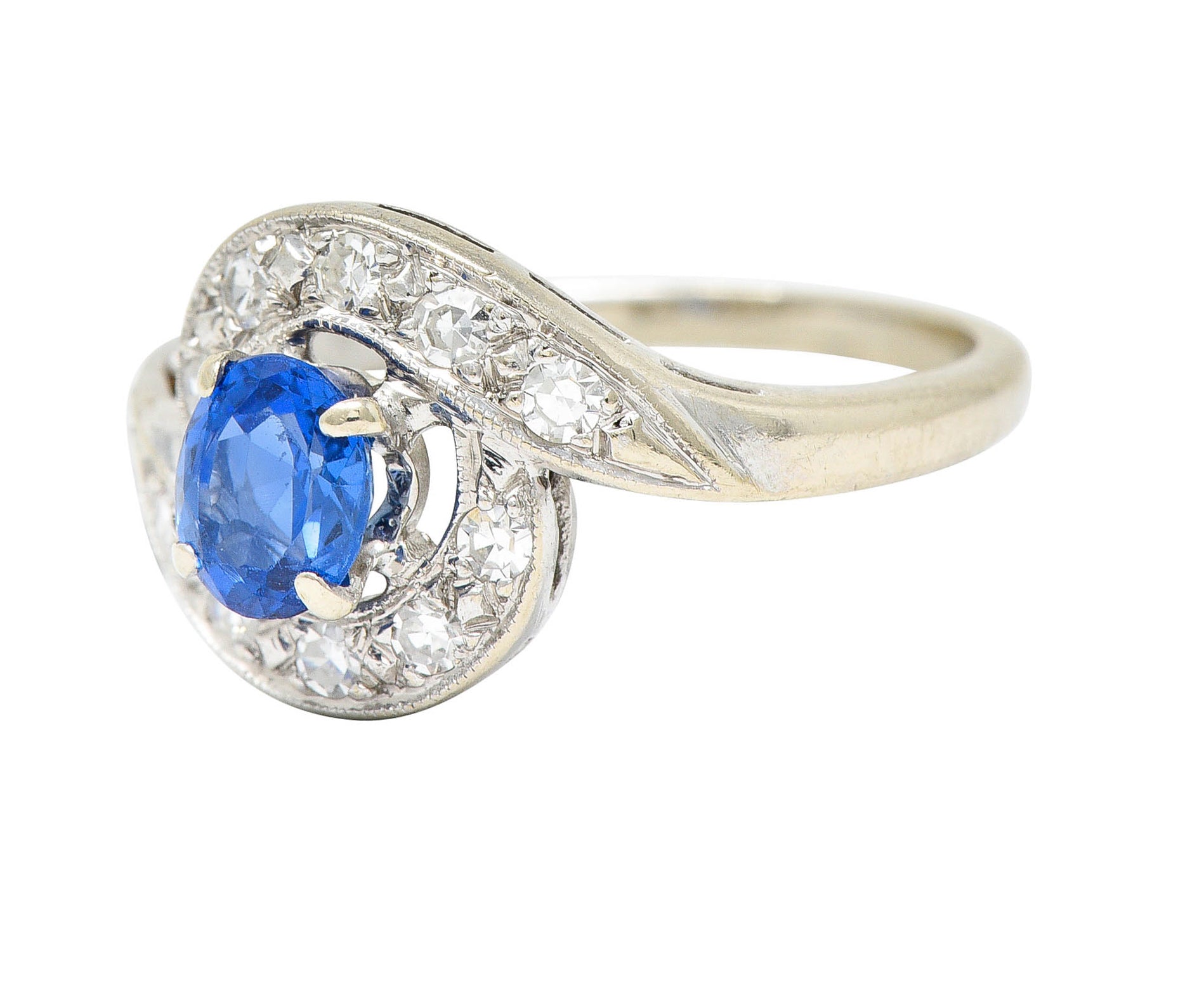 Mid-Century 0.75 CTW Sapphire Diamond 14 Karat White Gold Bypass RingRing - Wilson's Estate Jewelry