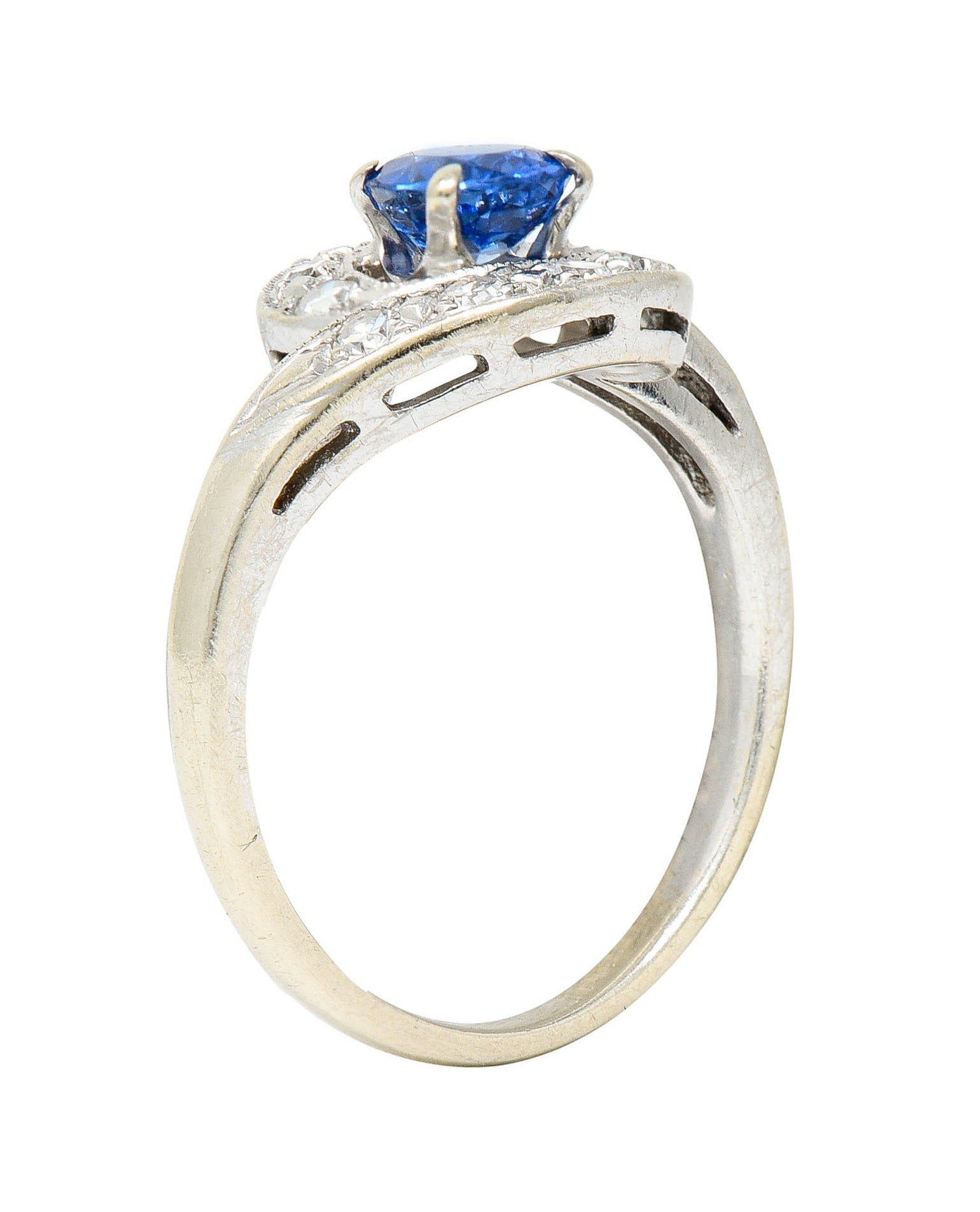 Mid-Century 0.75 CTW Sapphire Diamond 14 Karat White Gold Bypass RingRing - Wilson's Estate Jewelry