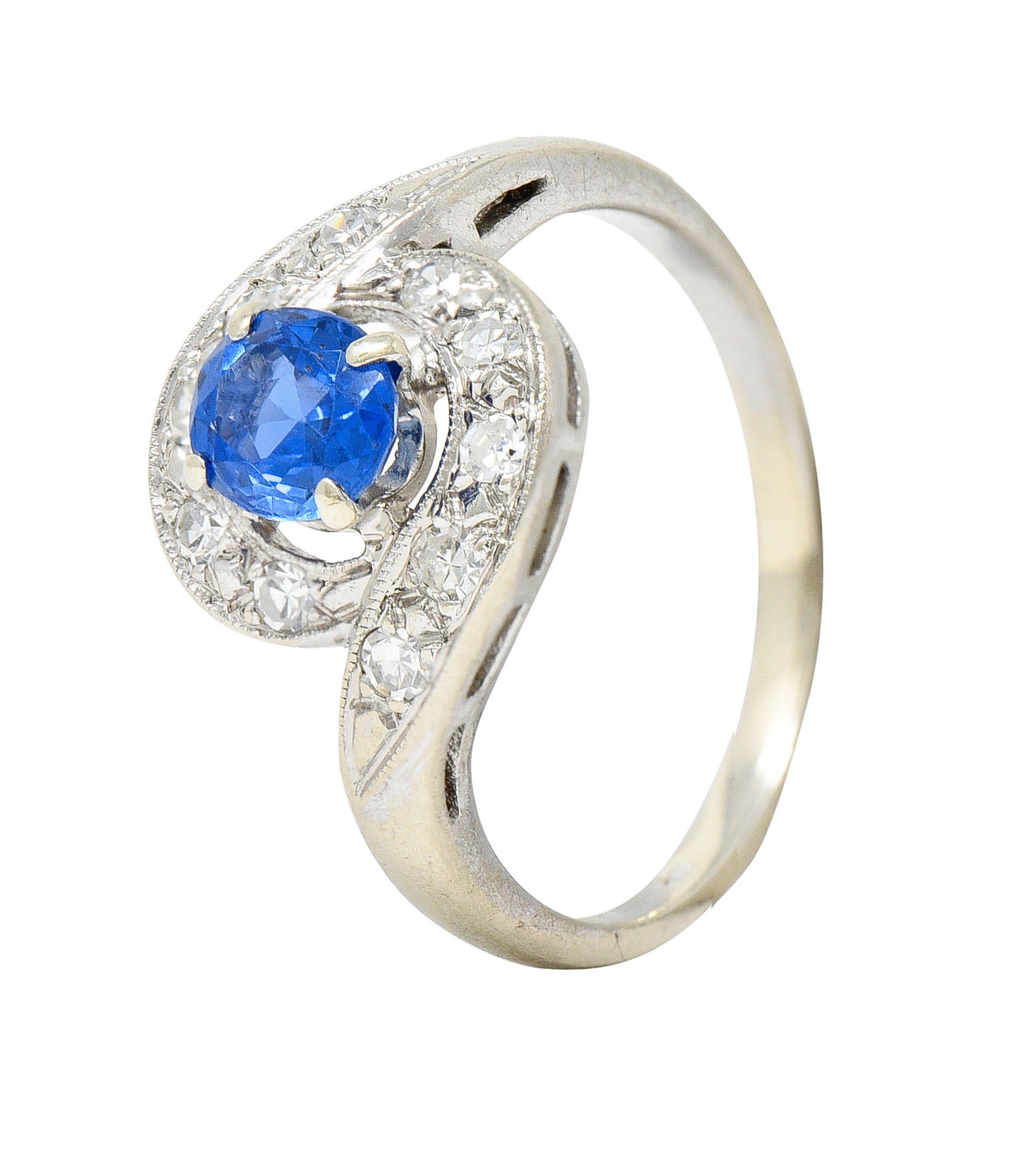 Mid-Century 0.75 CTW Sapphire Diamond 14 Karat White Gold Bypass RingRing - Wilson's Estate Jewelry