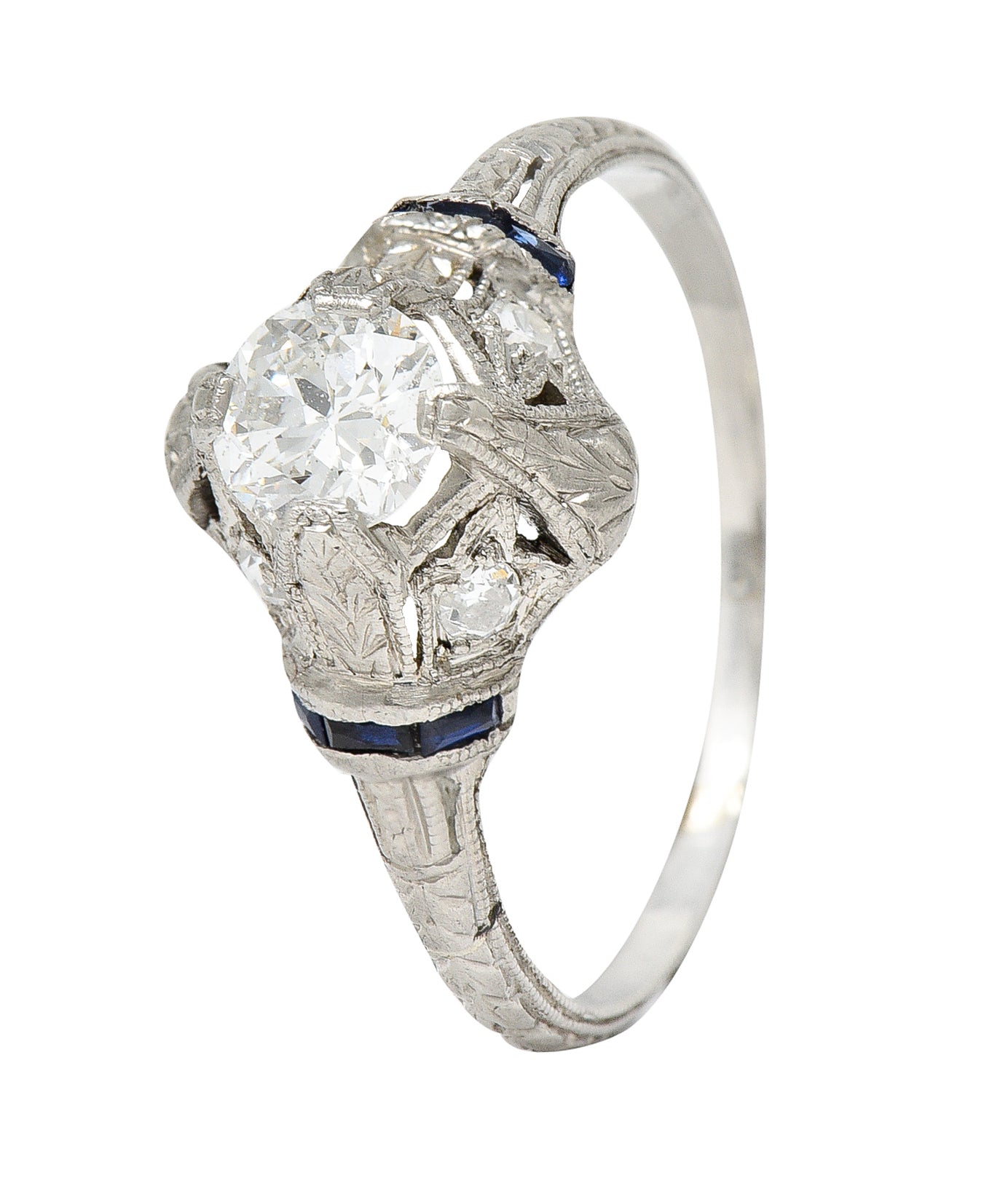 Art Deco 0.48 CTW Diamond Sapphire Platinum Foliate Engagement Ring Wilson's Estate Jewelry