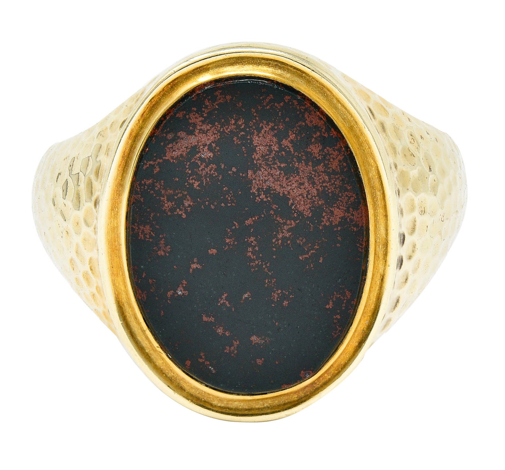 Jones & Woodland Retro Bloodstone 14 Karat Hammered Gold Unisex Signet RingRing - Wilson's Estate Jewelry