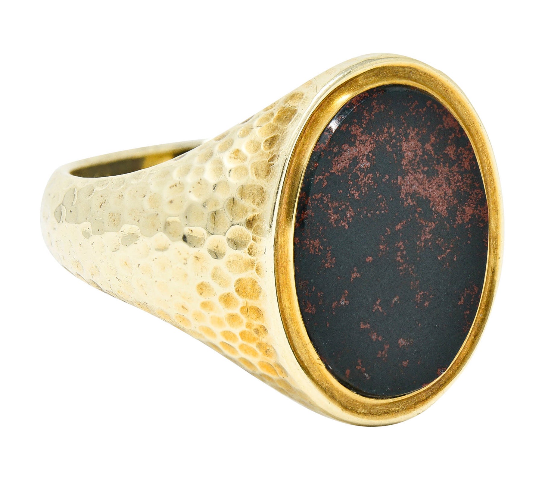 Jones & Woodland Retro Bloodstone 14 Karat Hammered Gold Unisex Signet RingRing - Wilson's Estate Jewelry