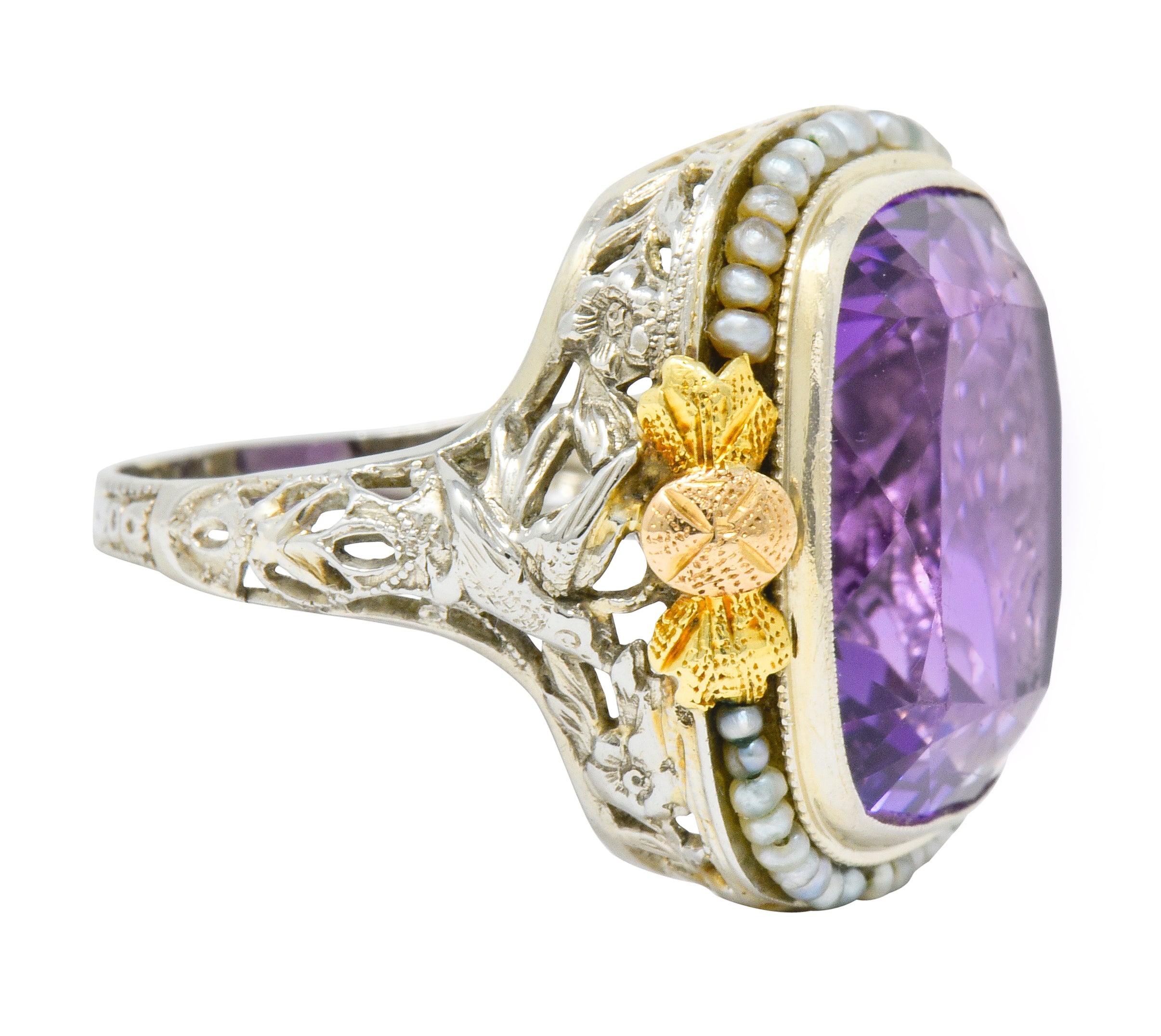 Bassett Jewelry Co. Art Deco 13.34 CTW Amethyst Pearl 18 Karat Tri-Colored Gold Cocktail Ring - Wilson's Estate Jewelry