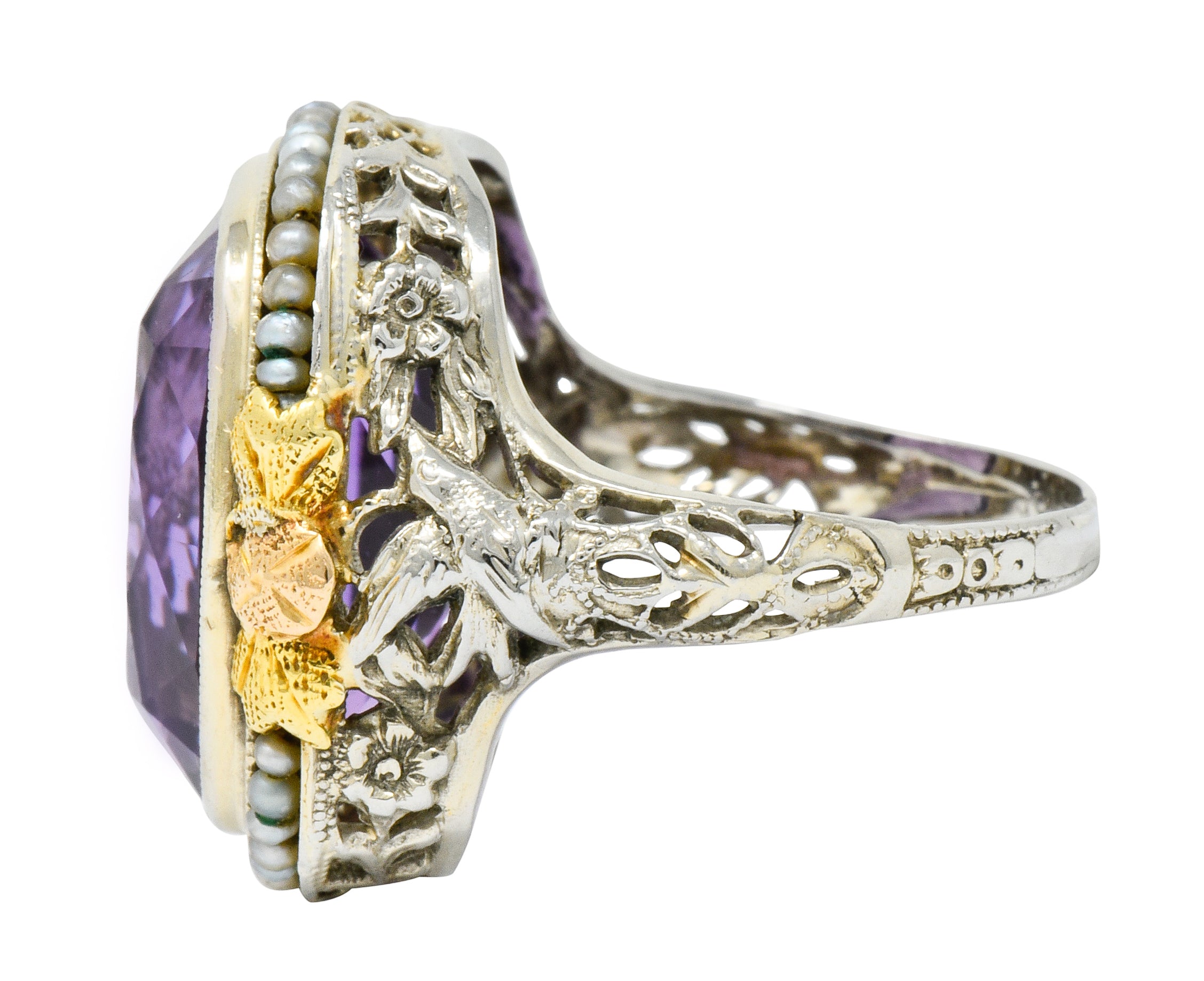 Bassett Jewelry Co. Art Deco 13.34 CTW Amethyst Pearl 18 Karat Tri-Colored Gold Cocktail Ring - Wilson's Estate Jewelry