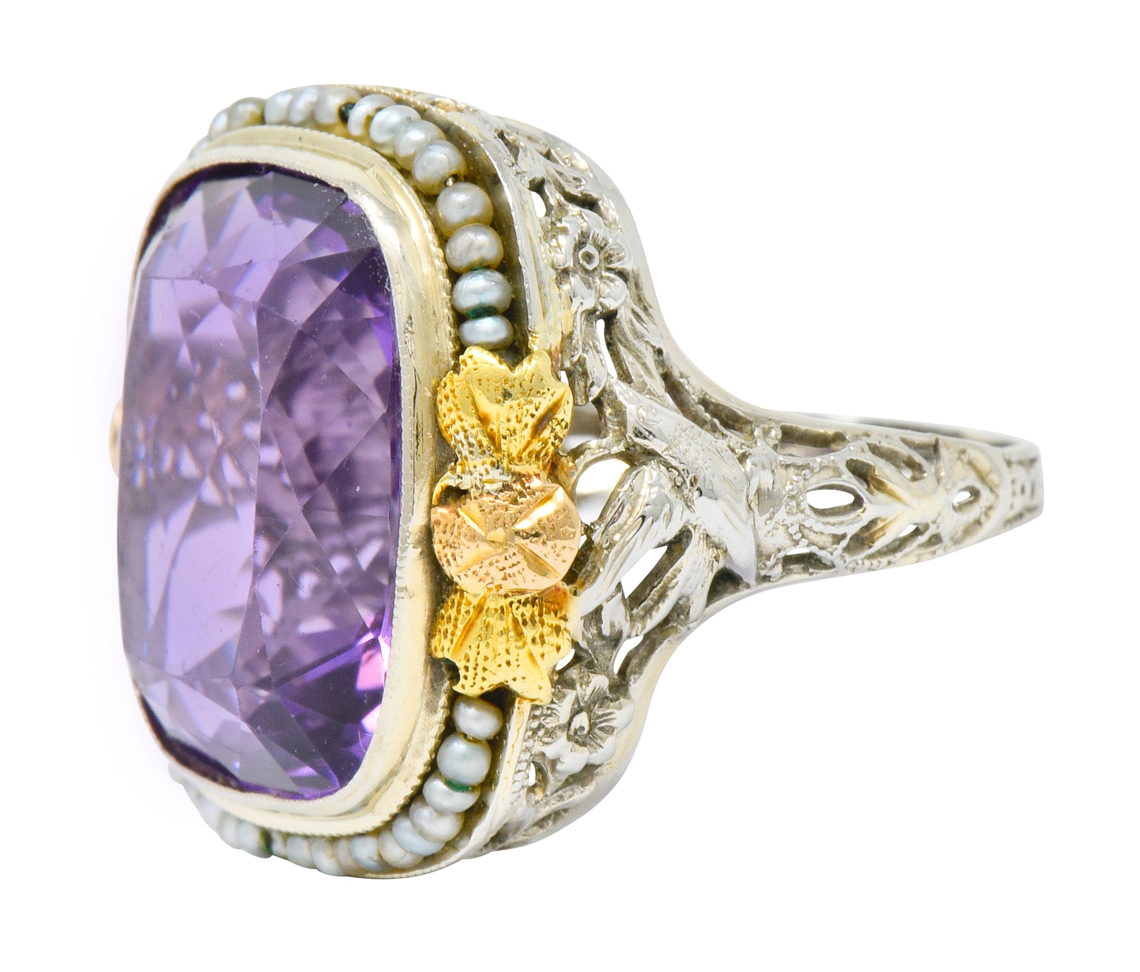 Bassett Jewelry Co. Art Deco 13.34 CTW Amethyst Pearl 18 Karat Tri-Colored Gold Cocktail Ring - Wilson's Estate Jewelry