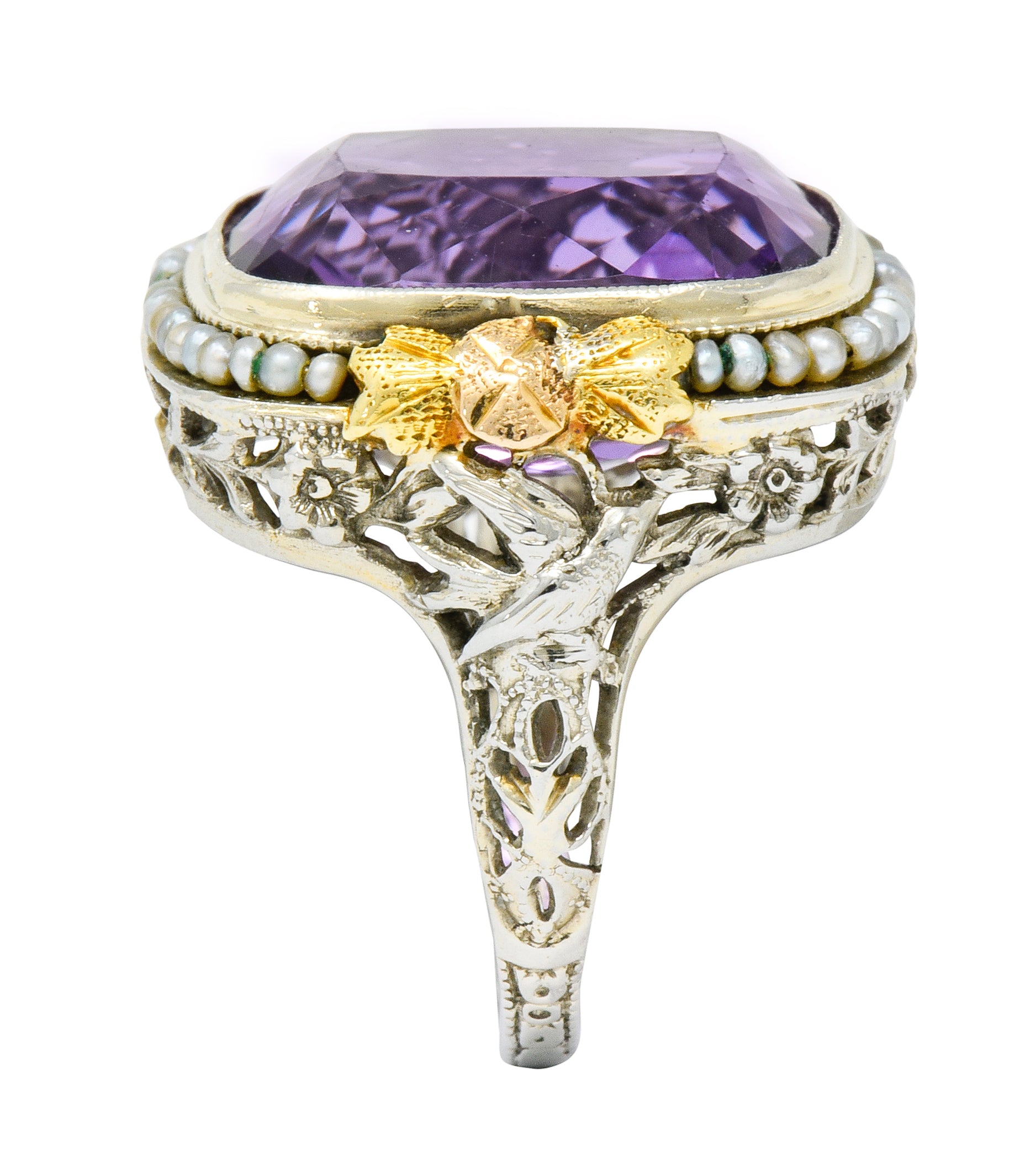 Bassett Jewelry Co. Art Deco 13.34 CTW Amethyst Pearl 18 Karat Tri-Colored Gold Cocktail Ring - Wilson's Estate Jewelry