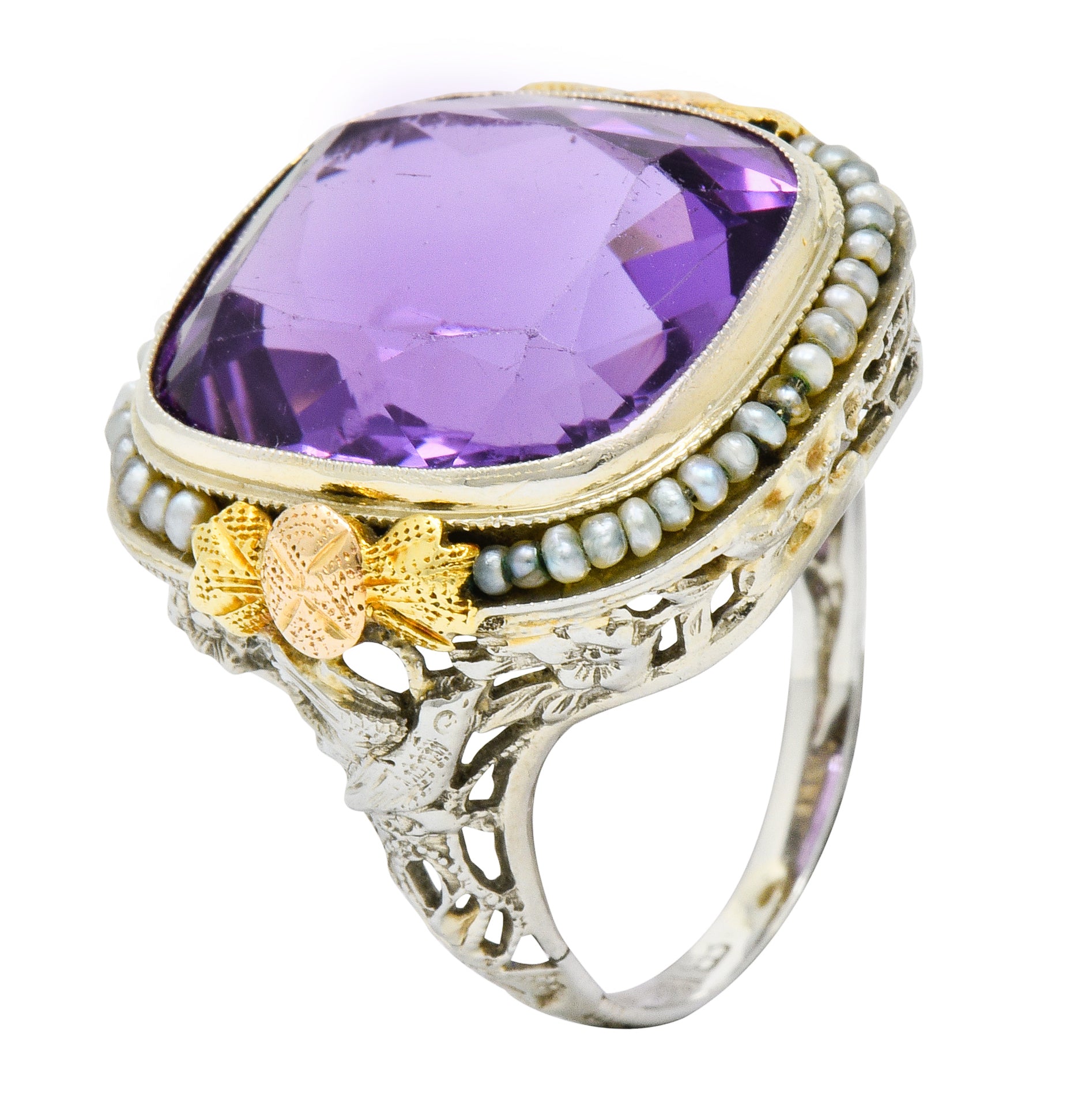 Bassett Jewelry Co. Art Deco 13.34 CTW Amethyst Pearl 18 Karat Tri-Colored Gold Cocktail Ring - Wilson's Estate Jewelry