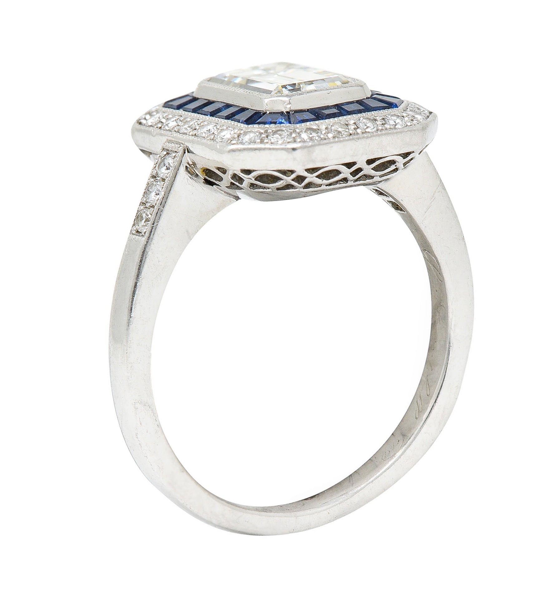 Vintage 2.20 CTW Emerald Cut Diamond Sapphire Platinum Halo Engagement RingRing - Wilson's Estate Jewelry