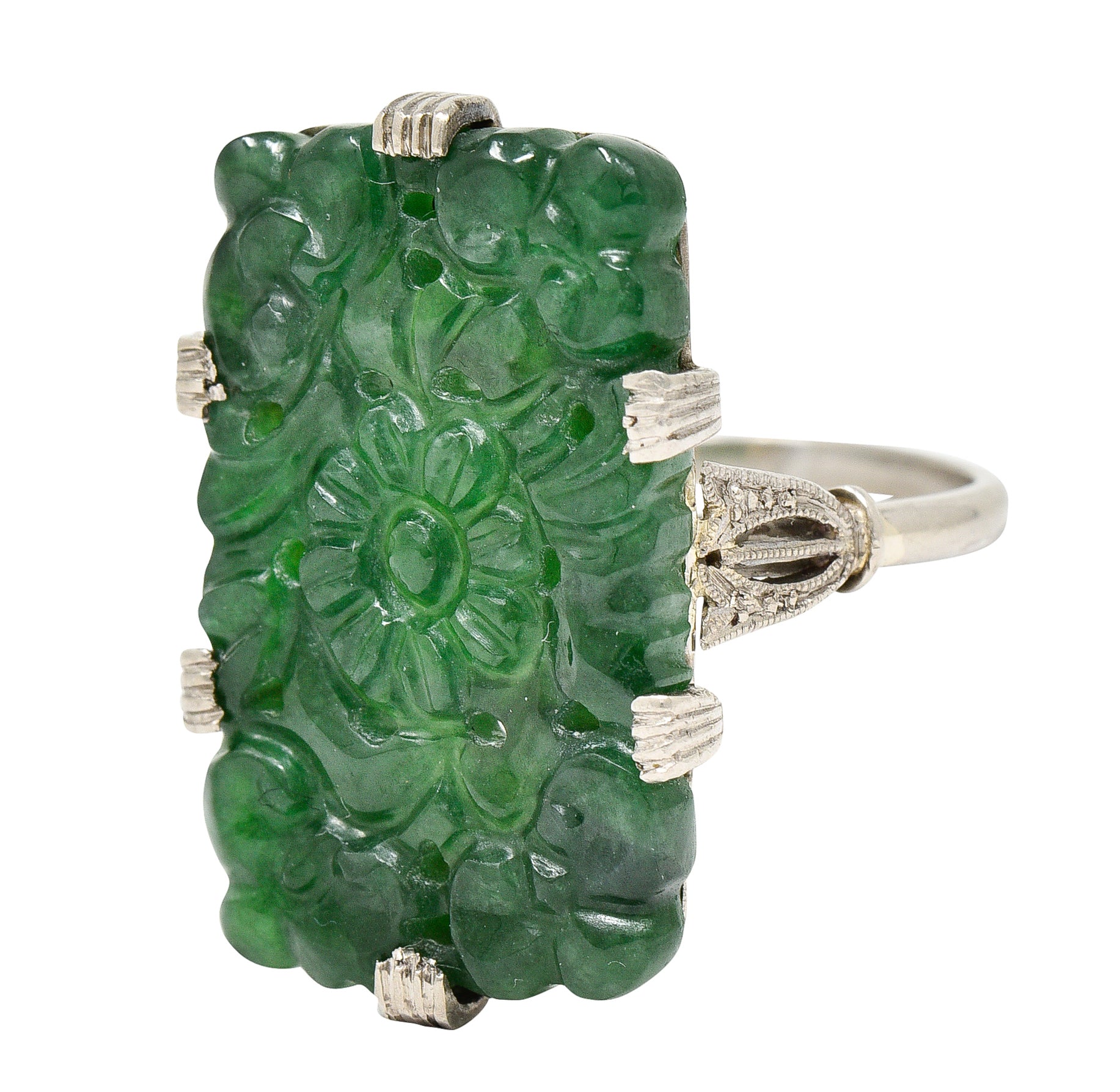 Art Deco Carved Jade Platinum Floral Statement Antique Ring Wilson's Estate Jewelry