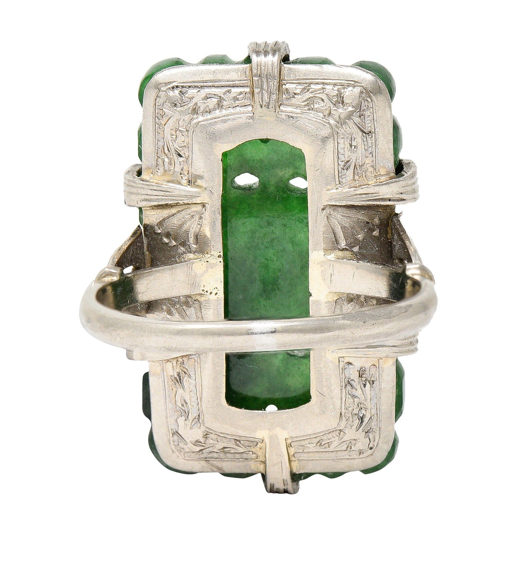 Art Deco Carved Jade Platinum Floral Statement Antique Ring Wilson's Estate Jewelry