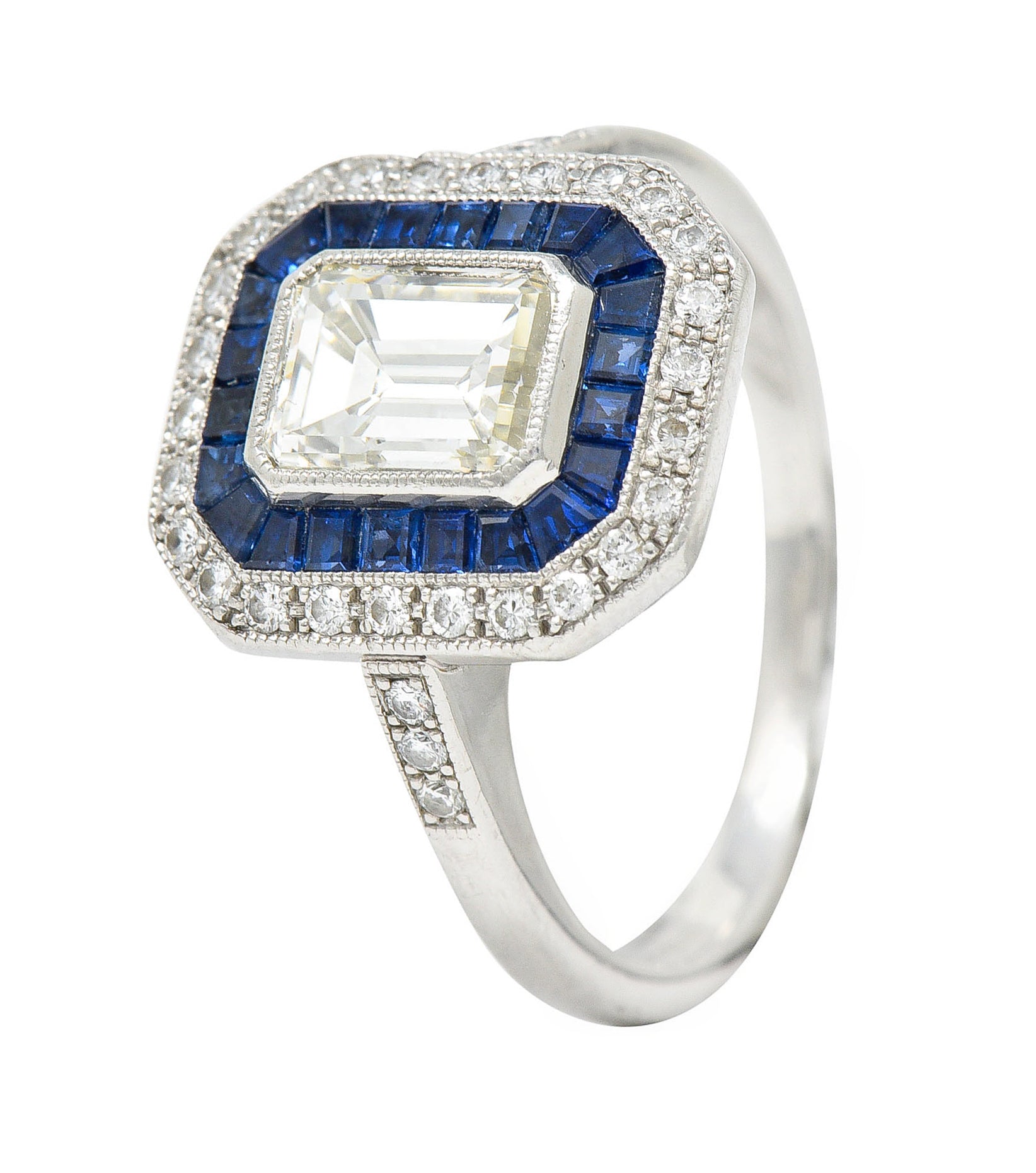 Vintage 2.20 CTW Emerald Cut Diamond Sapphire Platinum Halo Engagement RingRing - Wilson's Estate Jewelry
