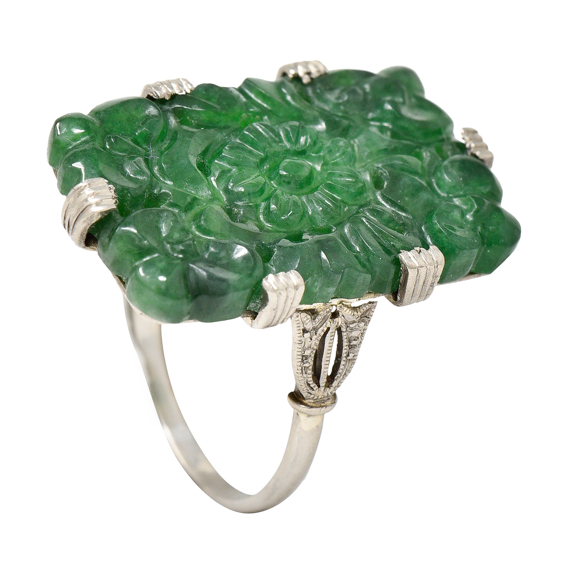 Art Deco Carved Jade Platinum Floral Statement Antique Ring Wilson's Estate Jewelry