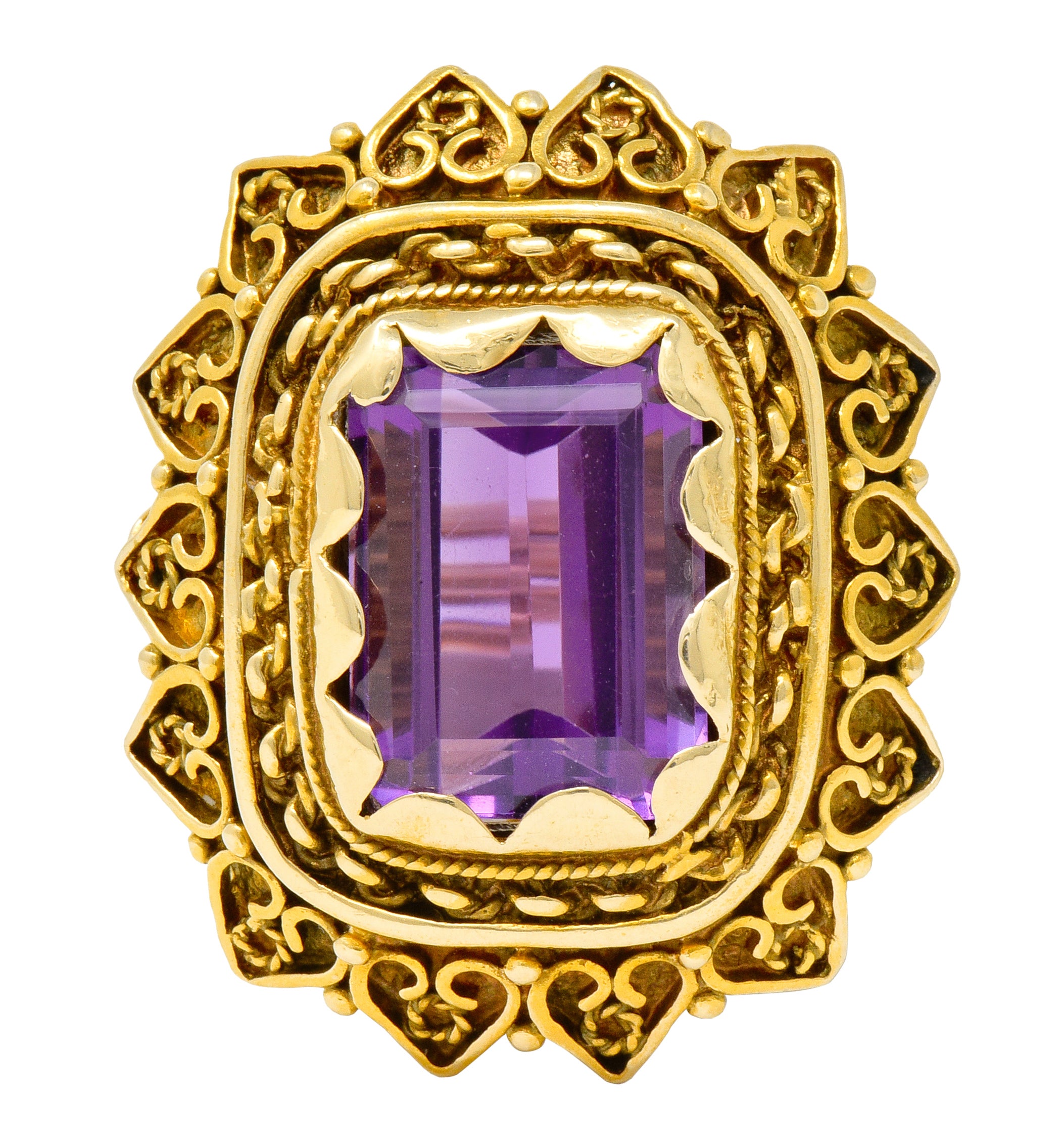 Vintage 13.64 CTW Emerald Cut Amethyst 14 Karat Gold Cocktail Ring - Wilson's Estate Jewelry