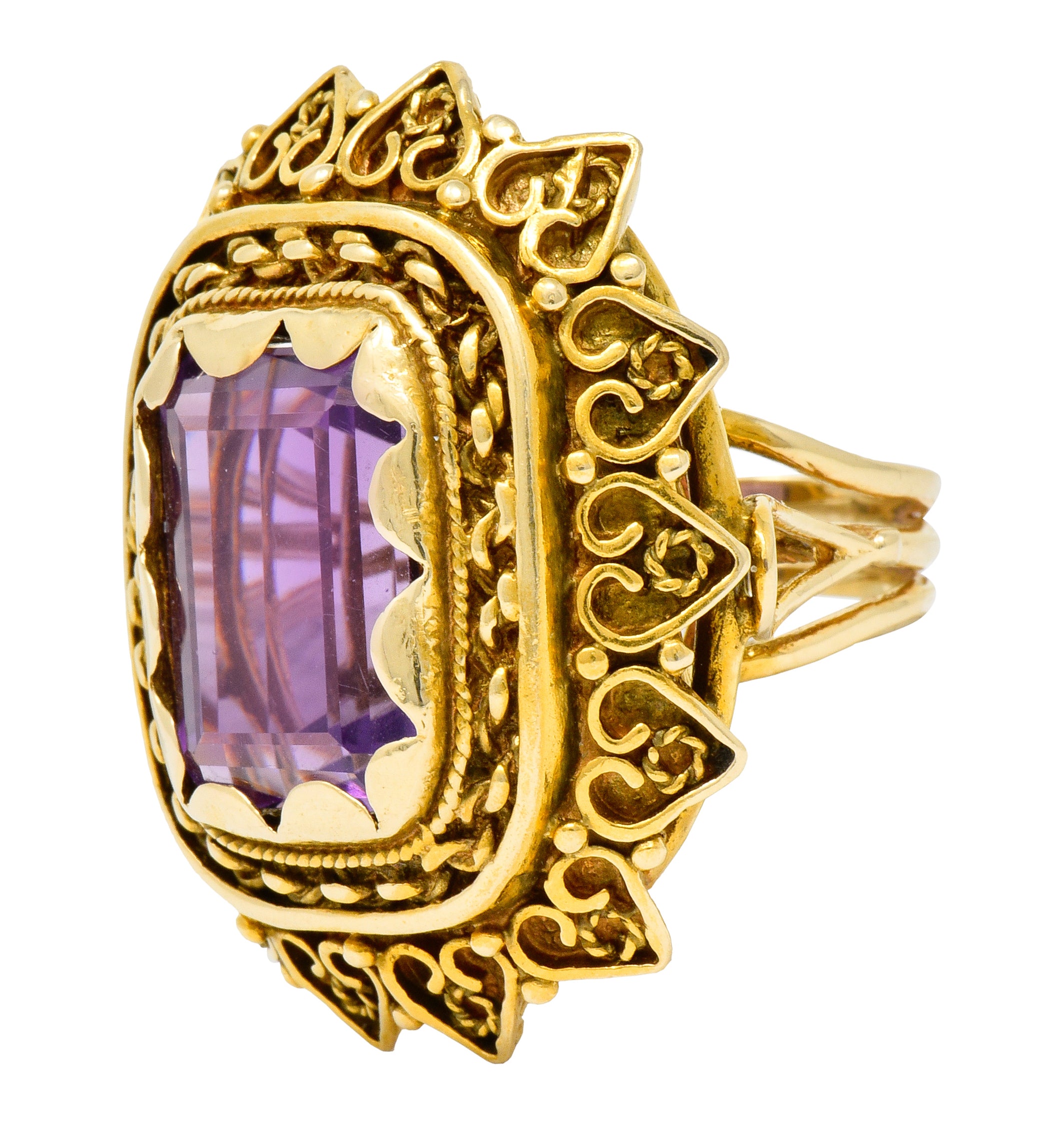 Vintage 13.64 CTW Emerald Cut Amethyst 14 Karat Gold Cocktail Ring - Wilson's Estate Jewelry