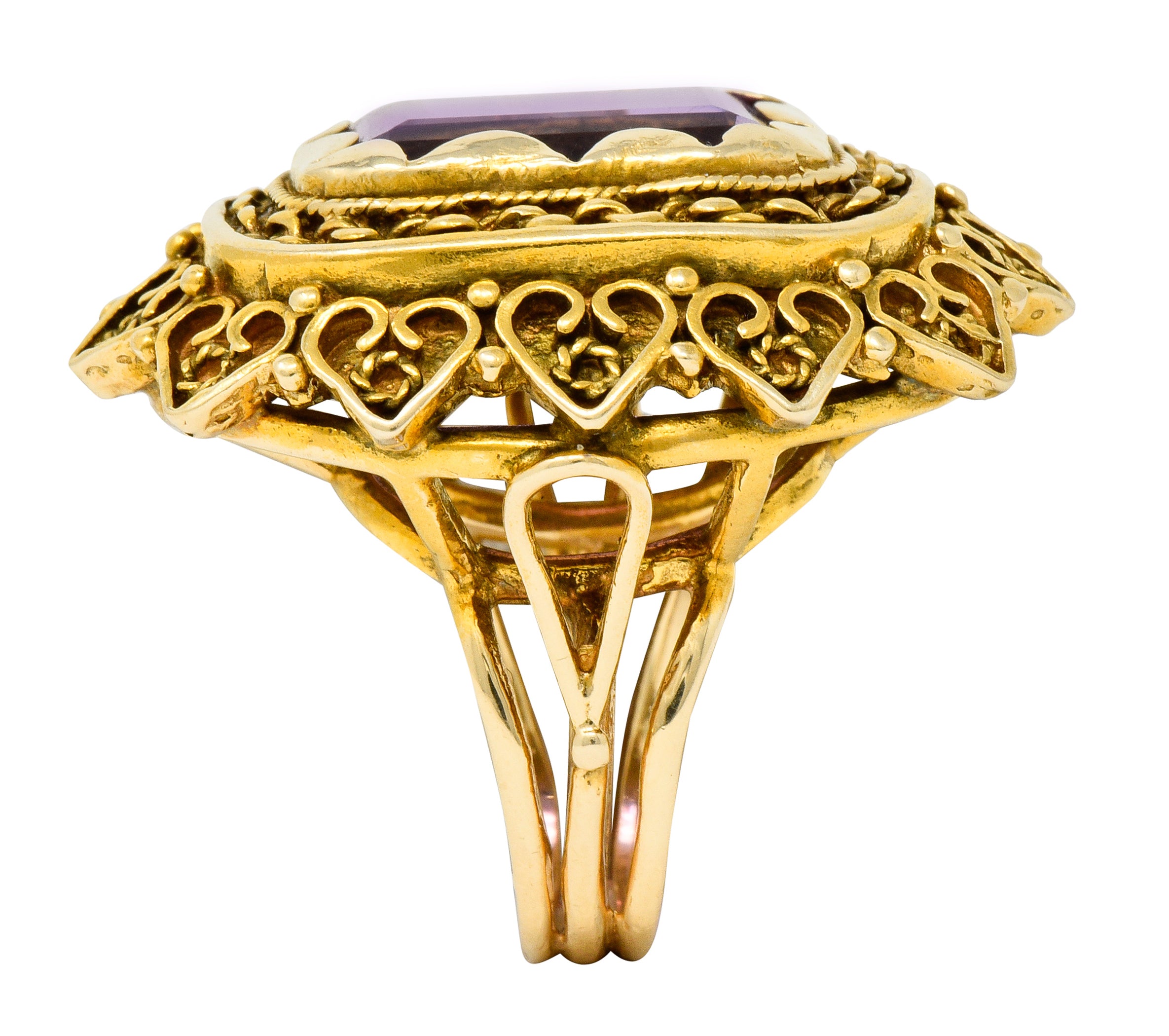 Vintage 13.64 CTW Emerald Cut Amethyst 14 Karat Gold Cocktail Ring - Wilson's Estate Jewelry