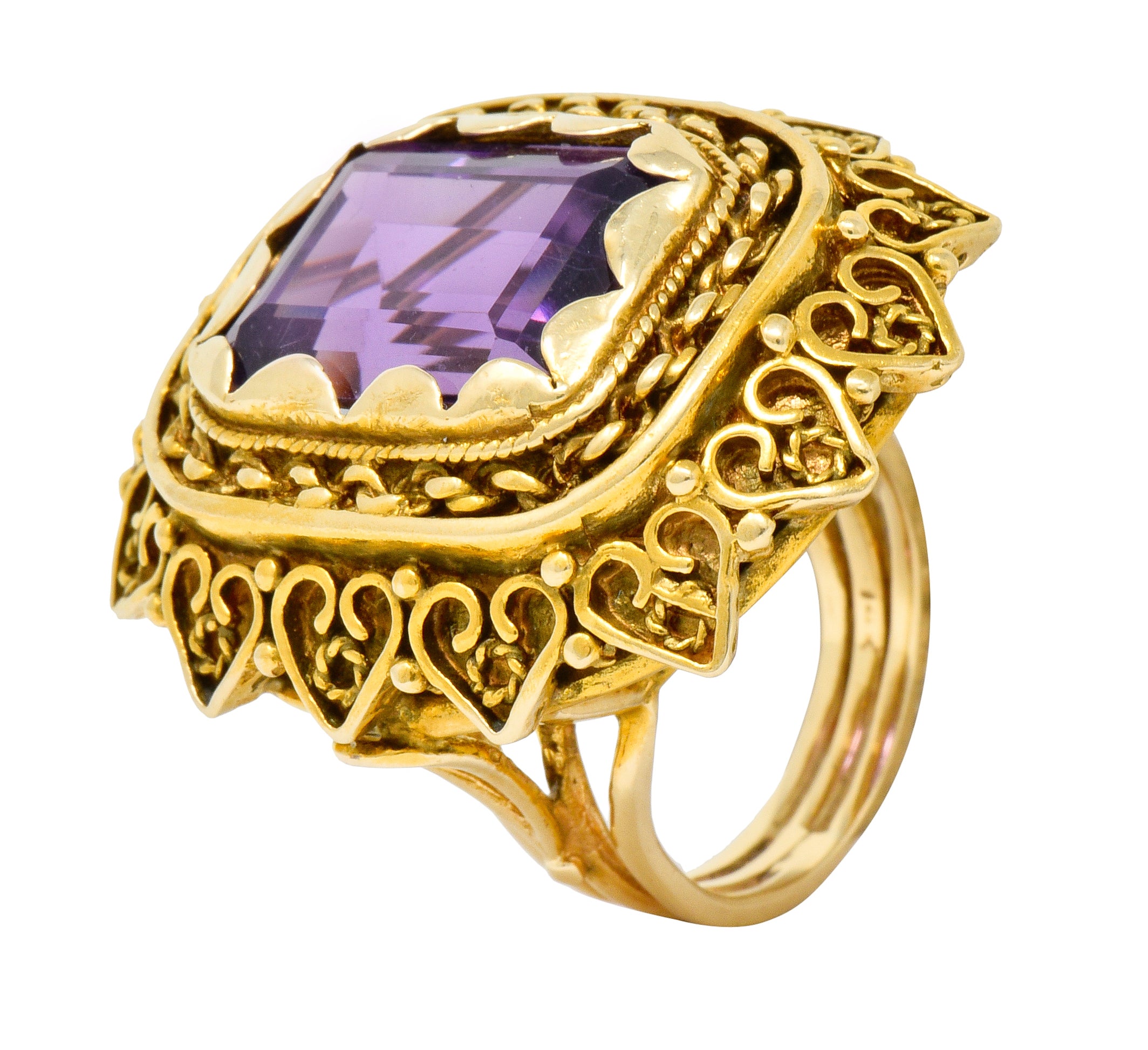 Vintage 13.64 CTW Emerald Cut Amethyst 14 Karat Gold Cocktail Ring - Wilson's Estate Jewelry