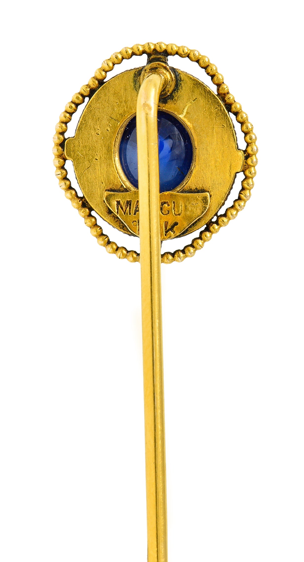 Victorian Marcus & Co. Sapphire Cabochon 14 Karat Yellow Gold Antique Stickpin Wilson's Estate Jewelry