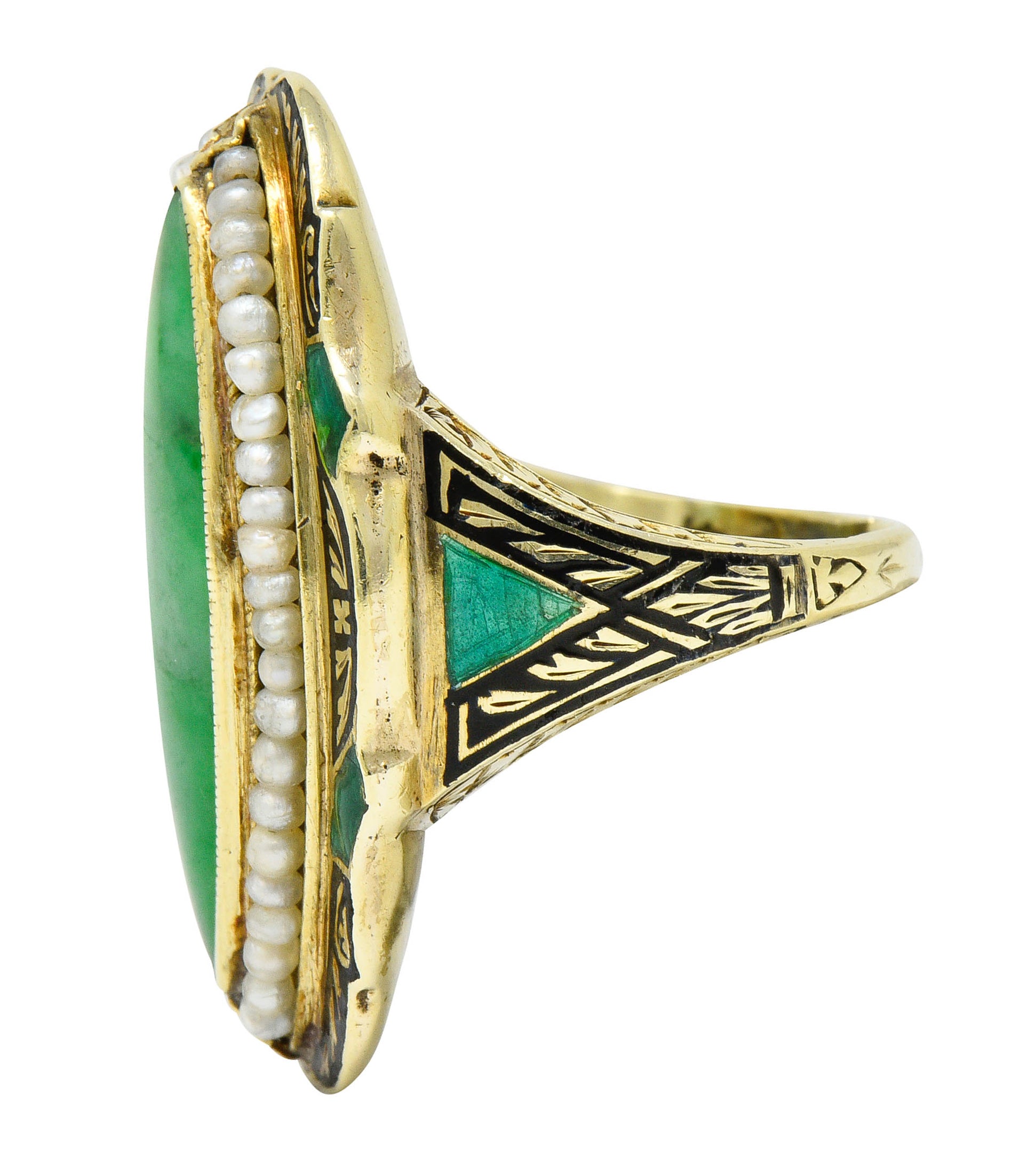 Art Deco Jade Natural Freshwater Pearl Enamel 14 Karat Gold Navette RingRing - Wilson's Estate Jewelry