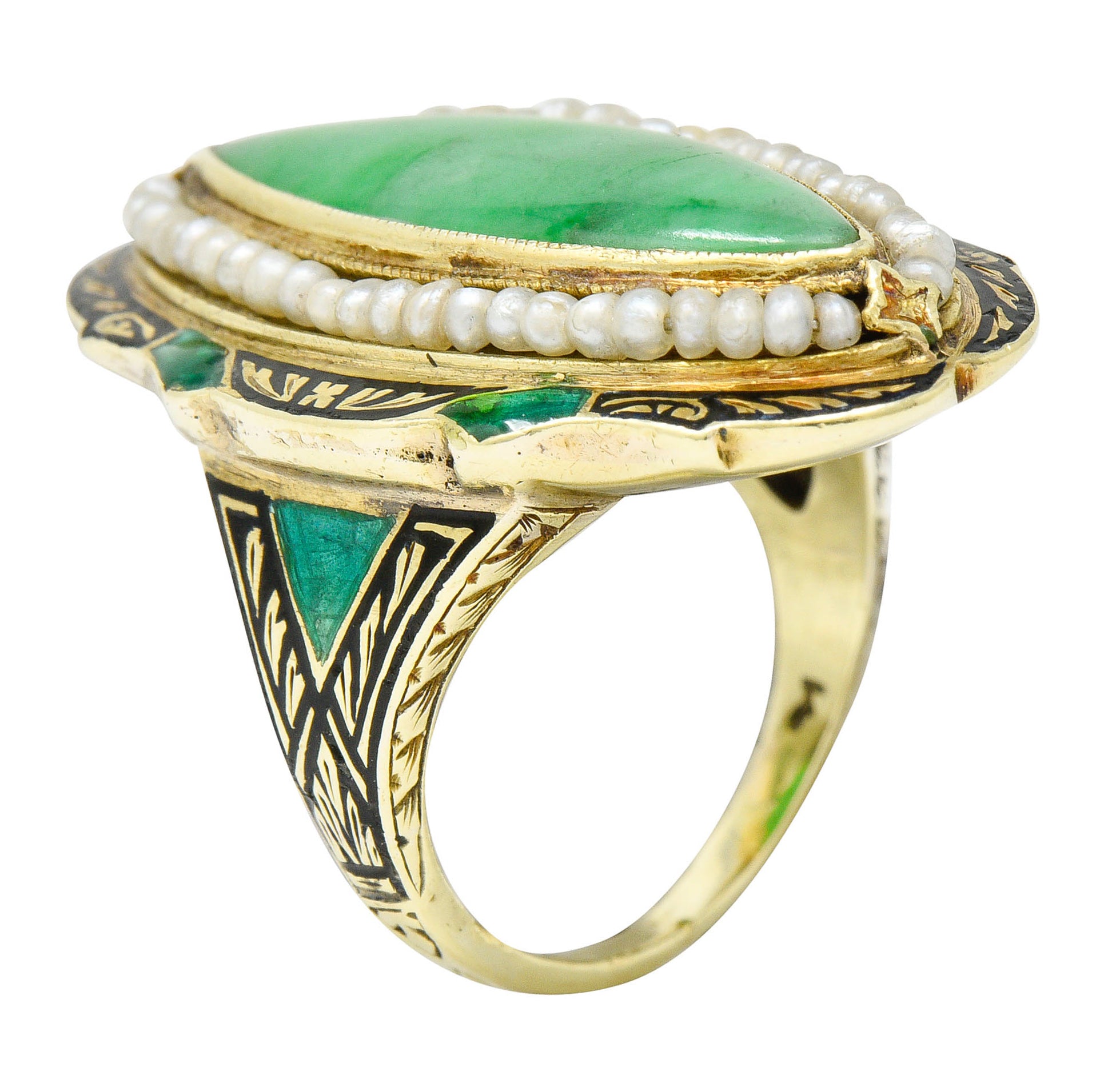 Art Deco Jade Natural Freshwater Pearl Enamel 14 Karat Gold Navette RingRing - Wilson's Estate Jewelry