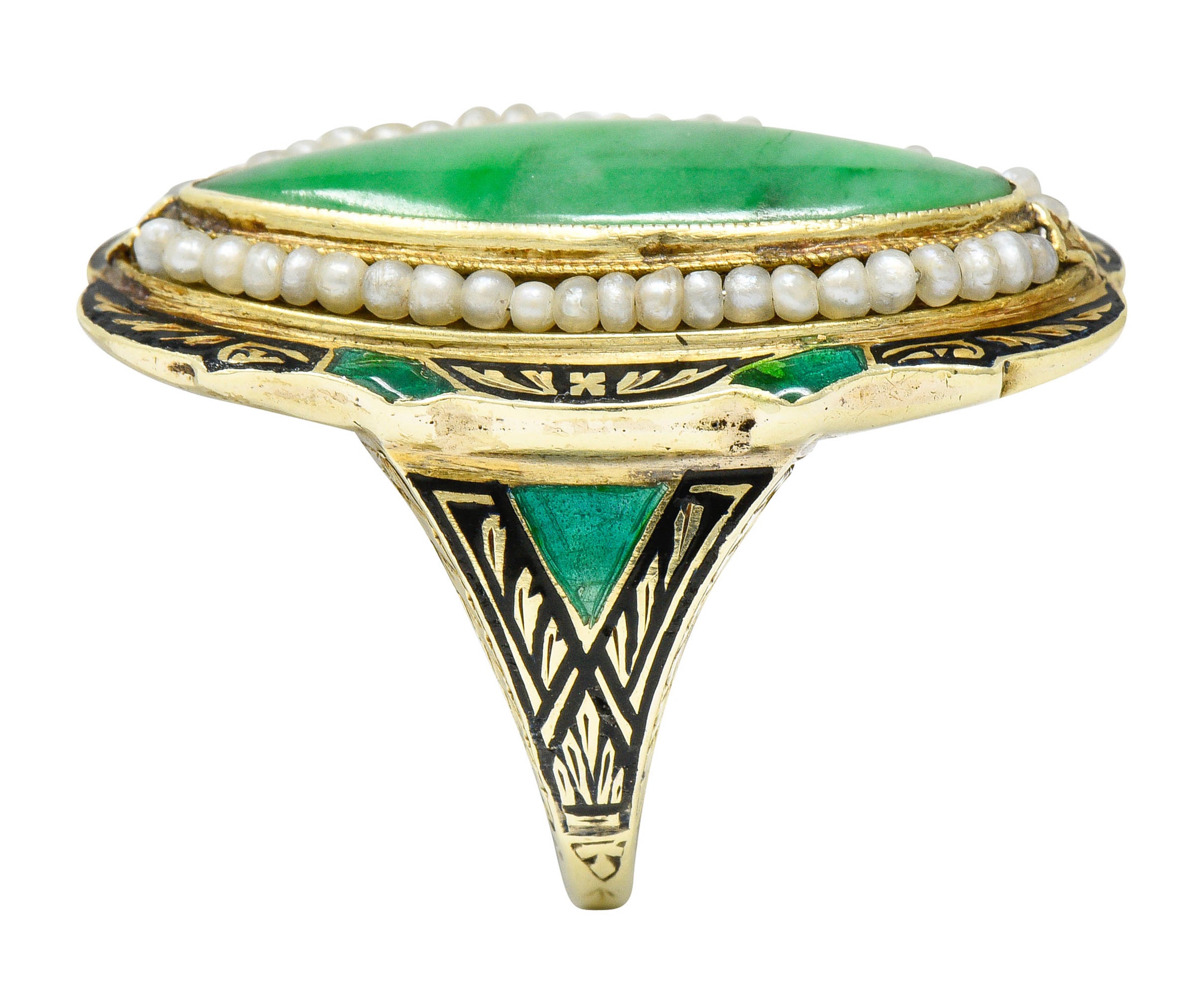 Art Deco Jade Natural Freshwater Pearl Enamel 14 Karat Gold Navette RingRing - Wilson's Estate Jewelry