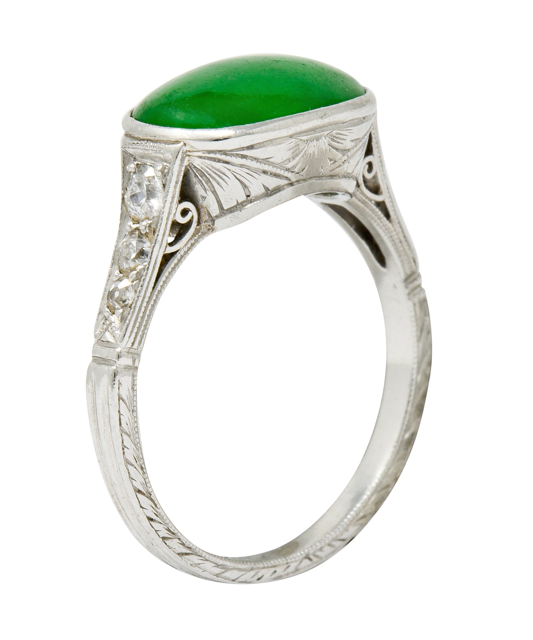 Art Deco Jadeite Jade Diamond Platinum Cabochon Ring GIA - Wilson's Estate Jewelry