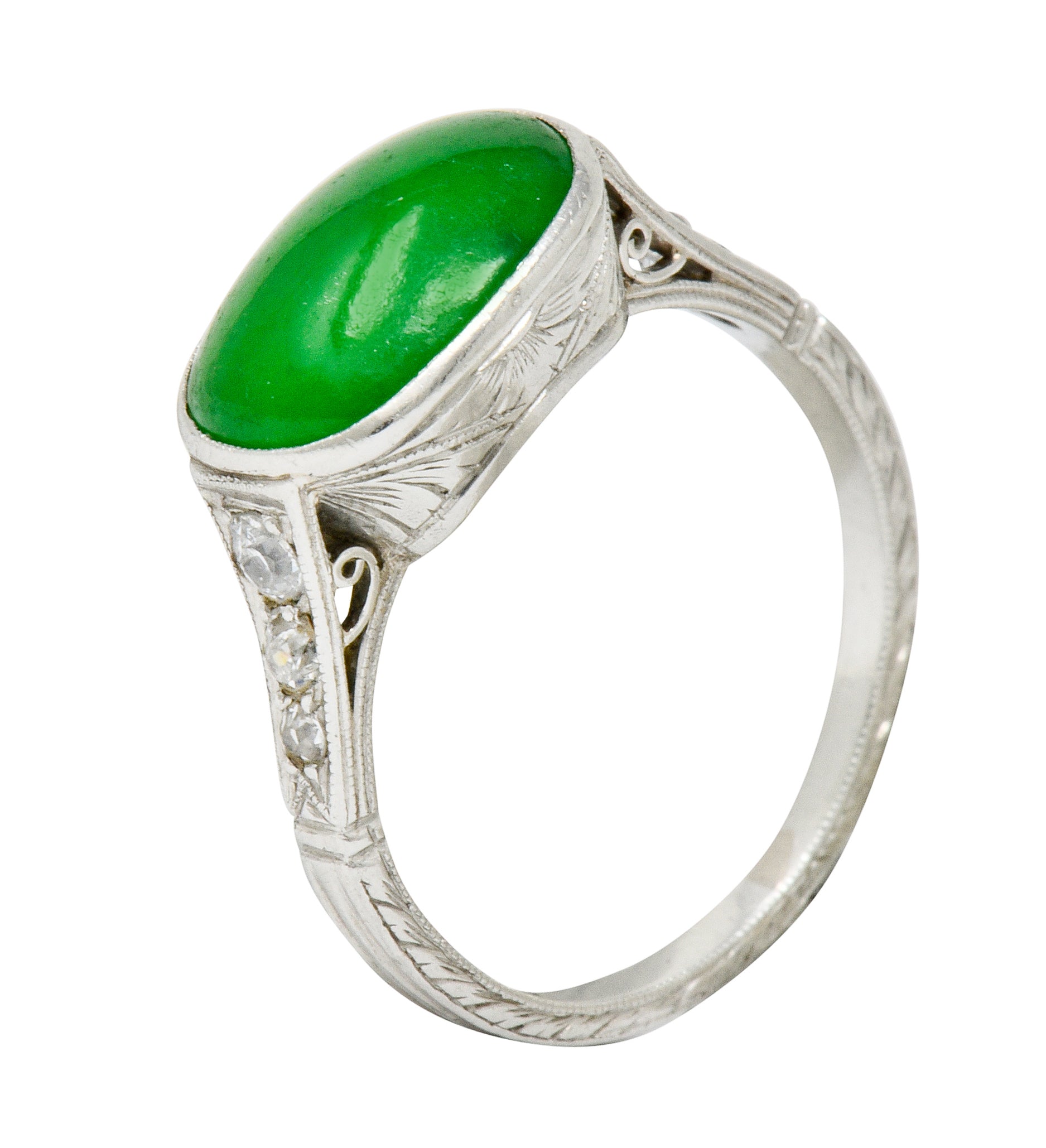 Art Deco Jadeite Jade Diamond Platinum Cabochon Ring GIA - Wilson's Estate Jewelry