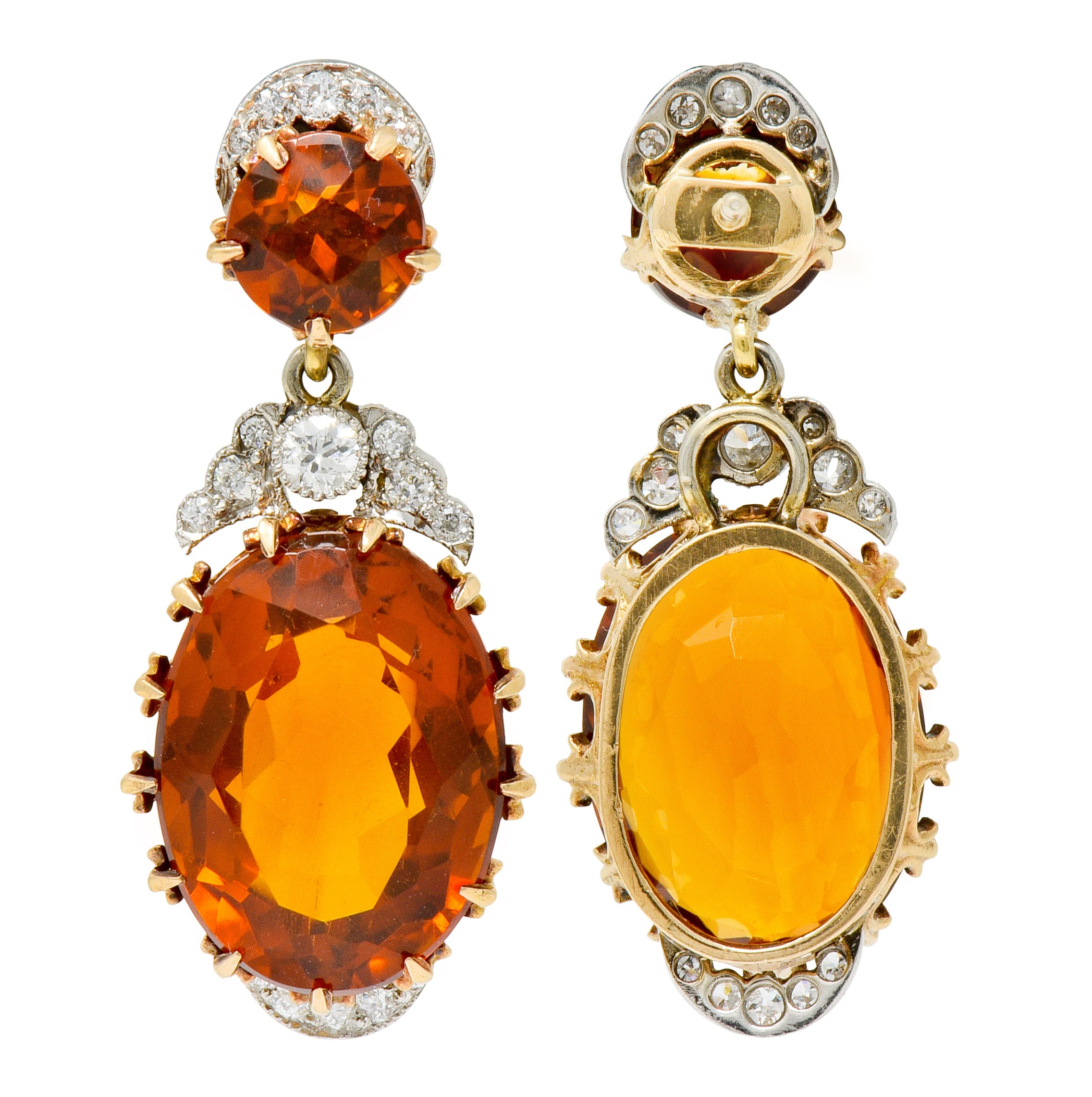 Edwardian 17.66 CTW Maderia Citrine Diamond Platinum 14 Karat Gold Drop Earrings - Wilson's Estate Jewelry