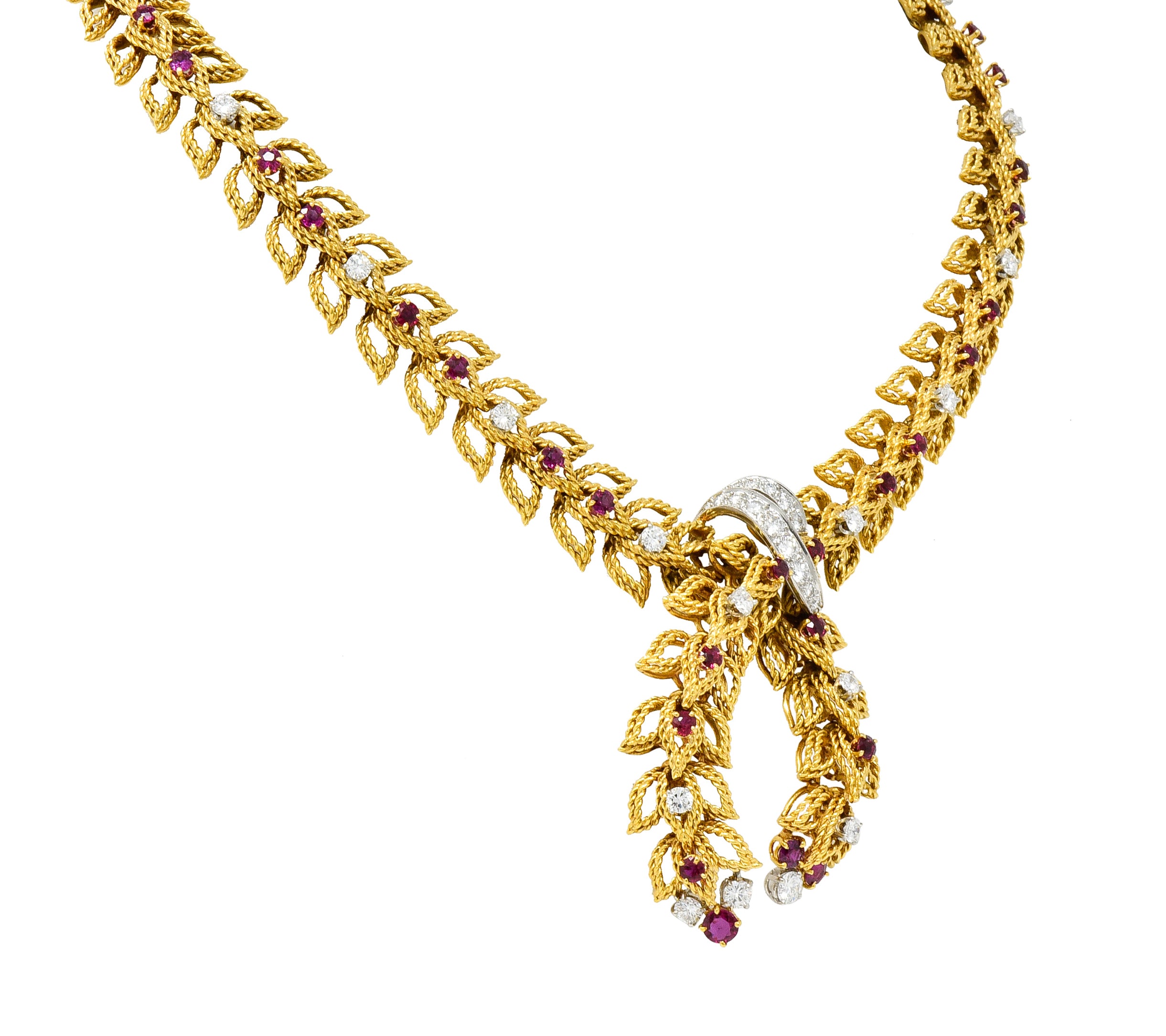 1950's Mid-Century 8.91 CTW Diamond Ruby Platinum 18 Karat Gold Foliate Link Lariat Necklace - Wilson's Estate Jewelry