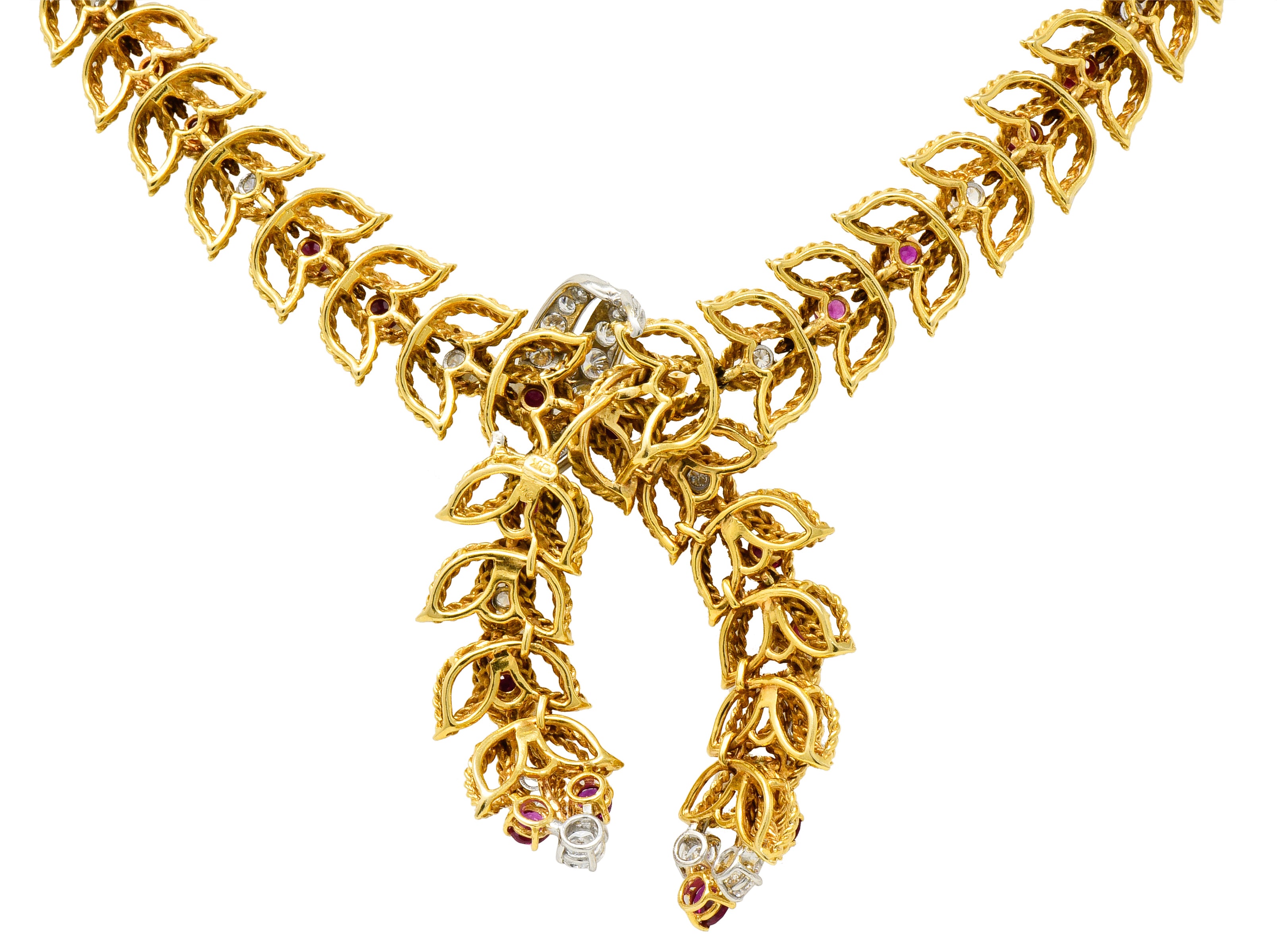 1950's Mid-Century 8.91 CTW Diamond Ruby Platinum 18 Karat Gold Foliate Link Lariat Necklace - Wilson's Estate Jewelry