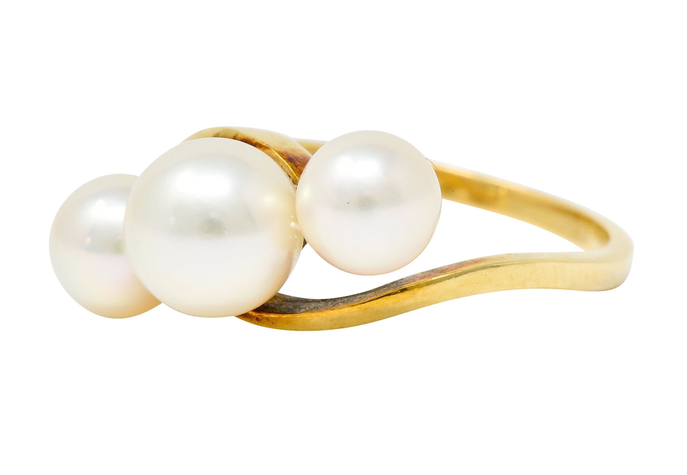 Mikimoto Vintage Cultured Pearl 14 Karat Gold Three Stone Ring - Wilson's Estate Jewelry