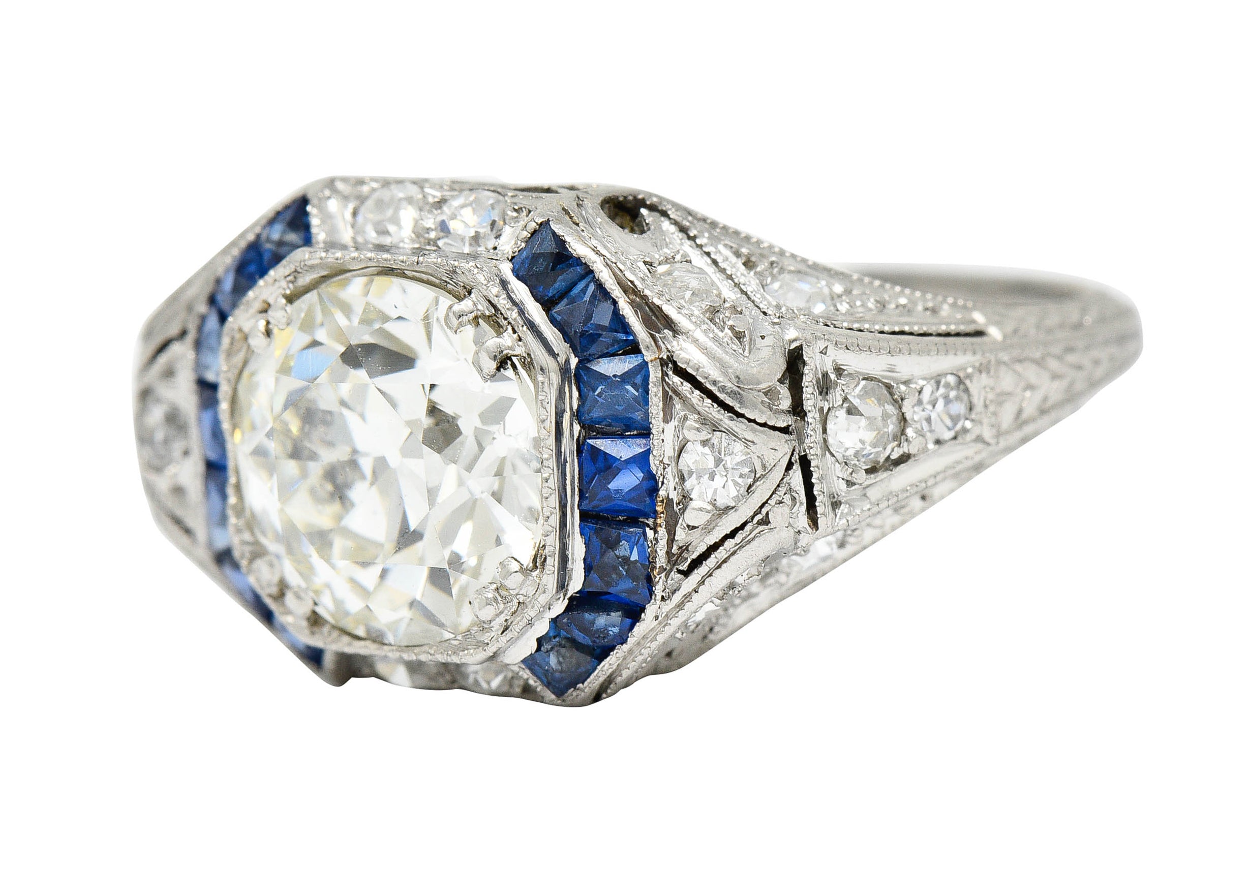 Art Deco 2.75 CTW Diamond Sapphire Platinum Octagonal Ring GIA Circa 1930Ring - Wilson's Estate Jewelry