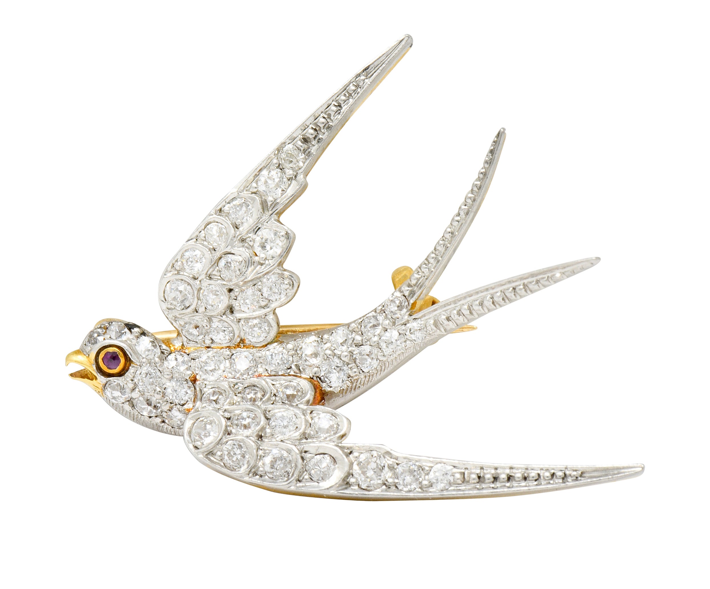 Edwardian 1.06 CTW Pave Diamond Platinum-Topped 18 Karat Gold Swallow Bird Brooch - Wilson's Estate Jewelry