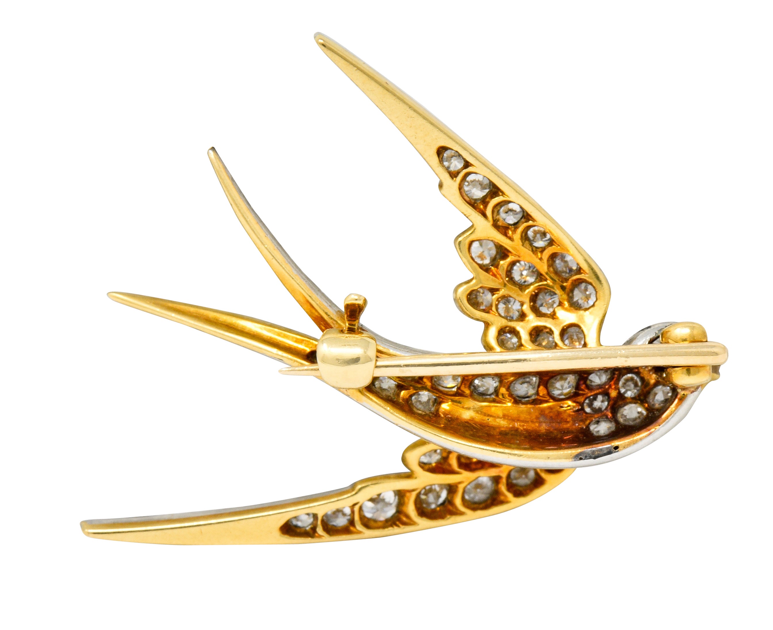 Edwardian 1.06 CTW Pave Diamond Platinum-Topped 18 Karat Gold Swallow Bird Brooch - Wilson's Estate Jewelry