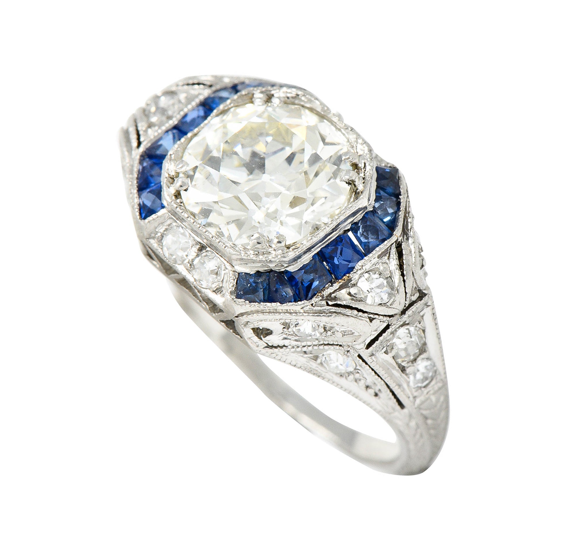 Art Deco 2.75 CTW Diamond Sapphire Platinum Octagonal Ring GIA Circa 1930Ring - Wilson's Estate Jewelry