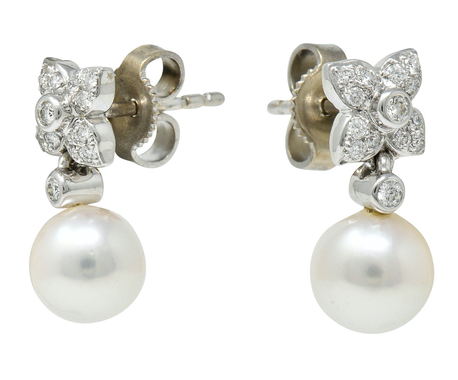 Mikimoto Cultured Pearl Diamond 18 Karat White Gold Floral Drop Earrings ContemporaryEarrings - Wilson's Estate Jewelry