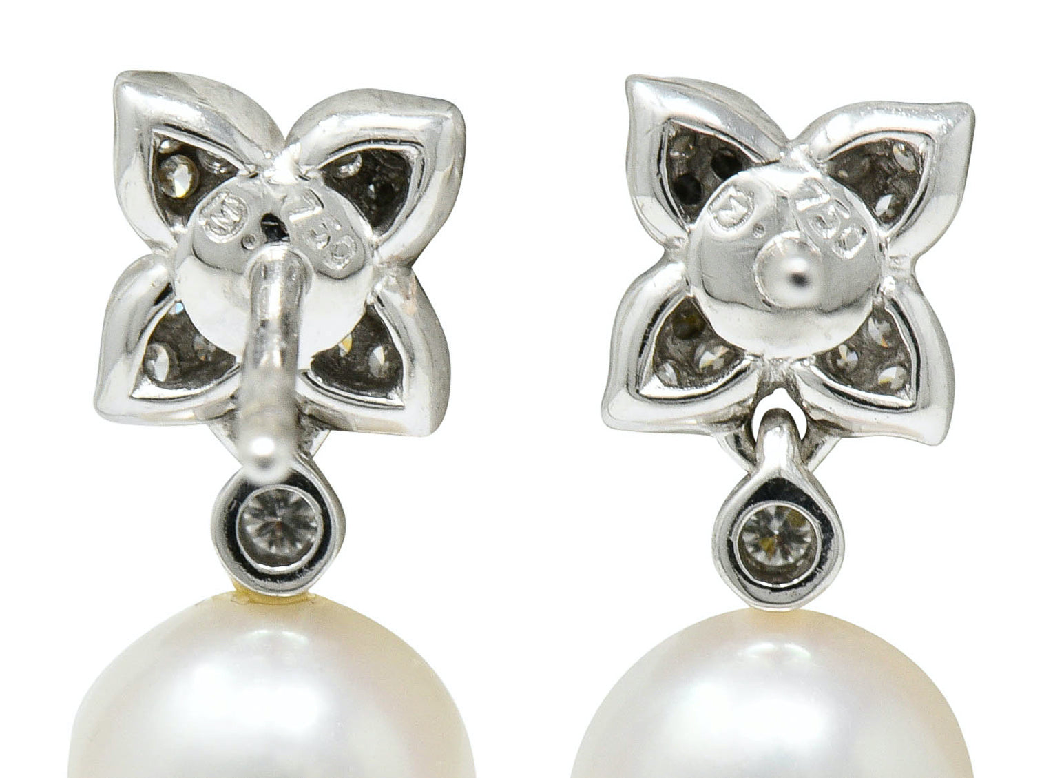 Mikimoto Cultured Pearl Diamond 18 Karat White Gold Floral Drop Earrings ContemporaryEarrings - Wilson's Estate Jewelry