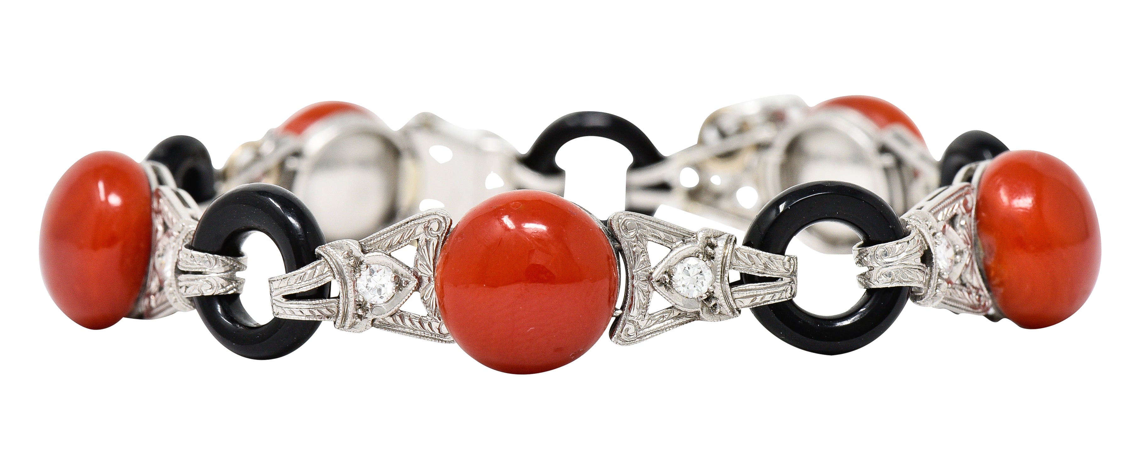 Art Deco Coral Onyx Diamond Platinum Engraved Link Gemstone Bracelet Wilson's Estate Jewelry