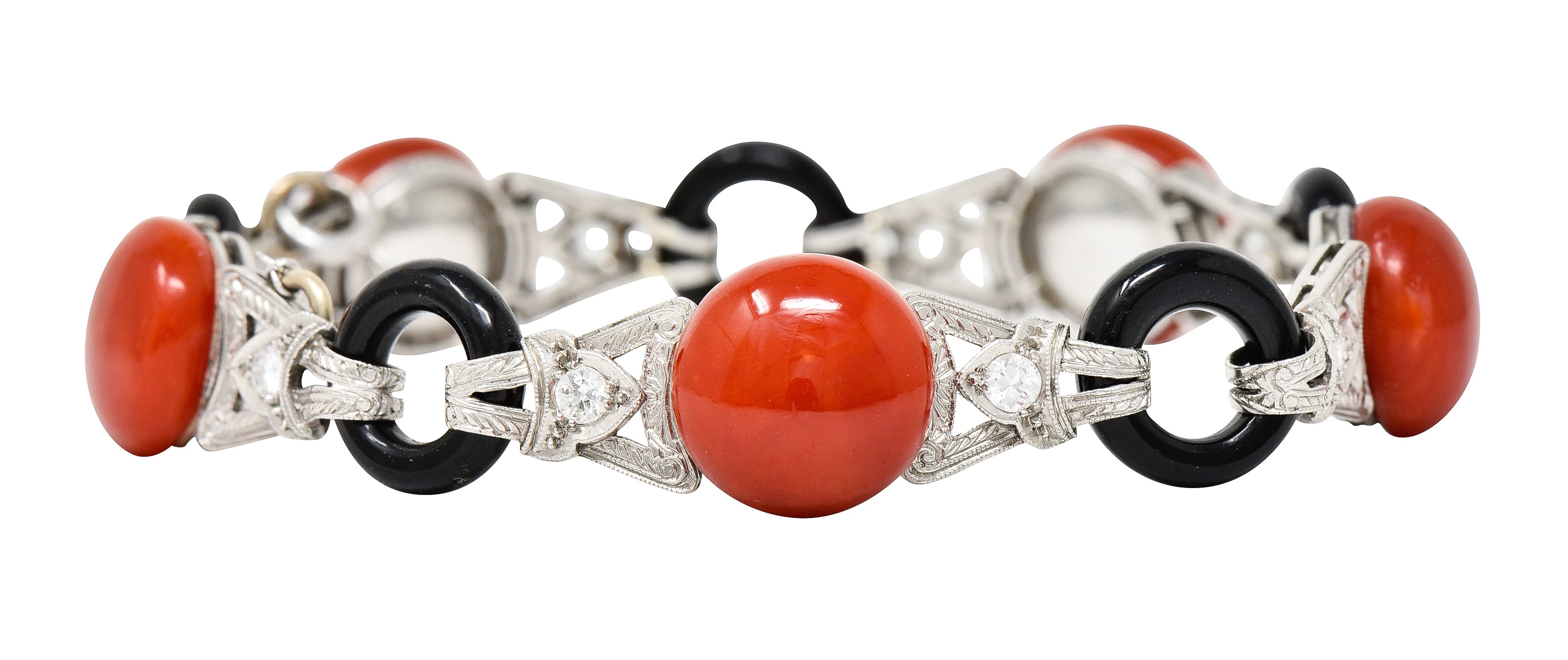 Art Deco Coral Onyx Diamond Platinum Engraved Link Gemstone Bracelet Wilson's Estate Jewelry