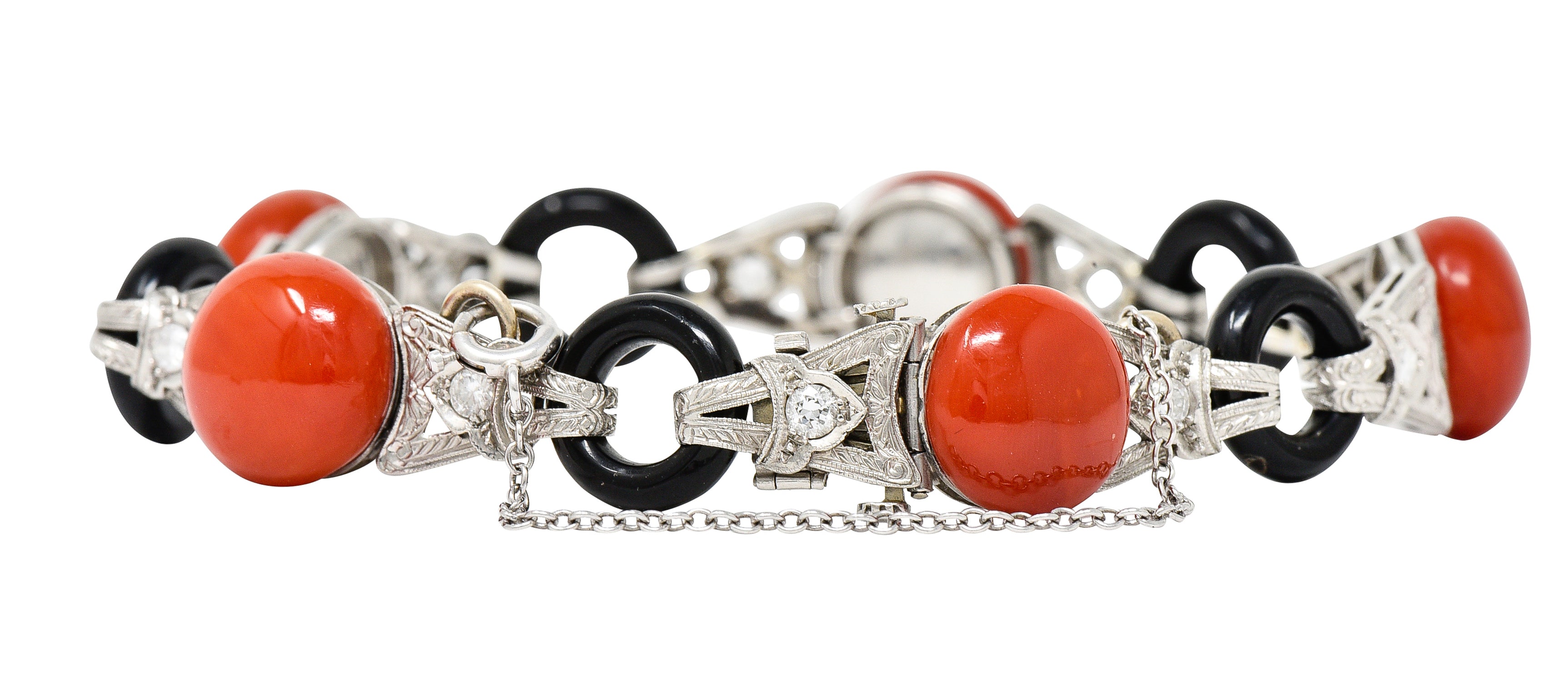 Art Deco Coral Onyx Diamond Platinum Engraved Link Gemstone Bracelet Wilson's Estate Jewelry