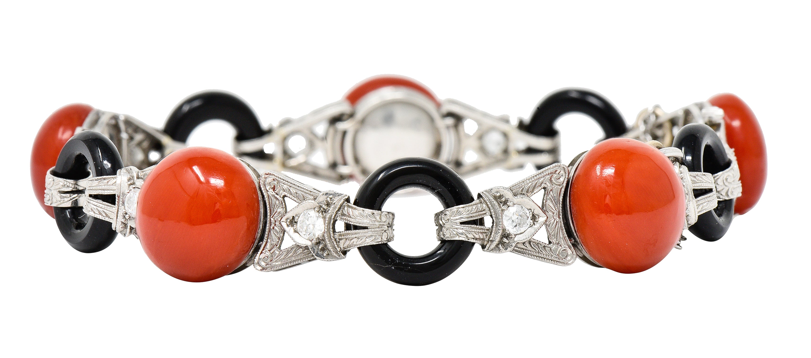 Art Deco Coral Onyx Diamond Platinum Engraved Link Gemstone Bracelet Wilson's Estate Jewelry