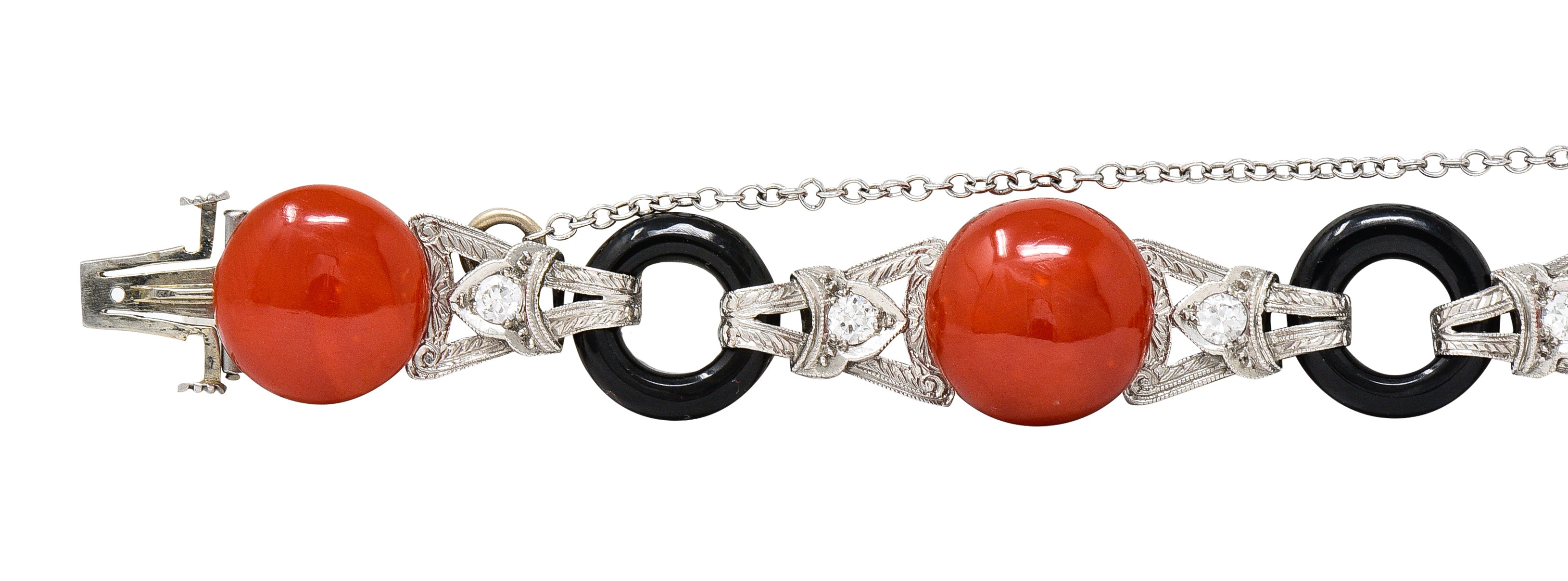 Art Deco Coral Onyx Diamond Platinum Engraved Link Gemstone Bracelet Wilson's Estate Jewelry