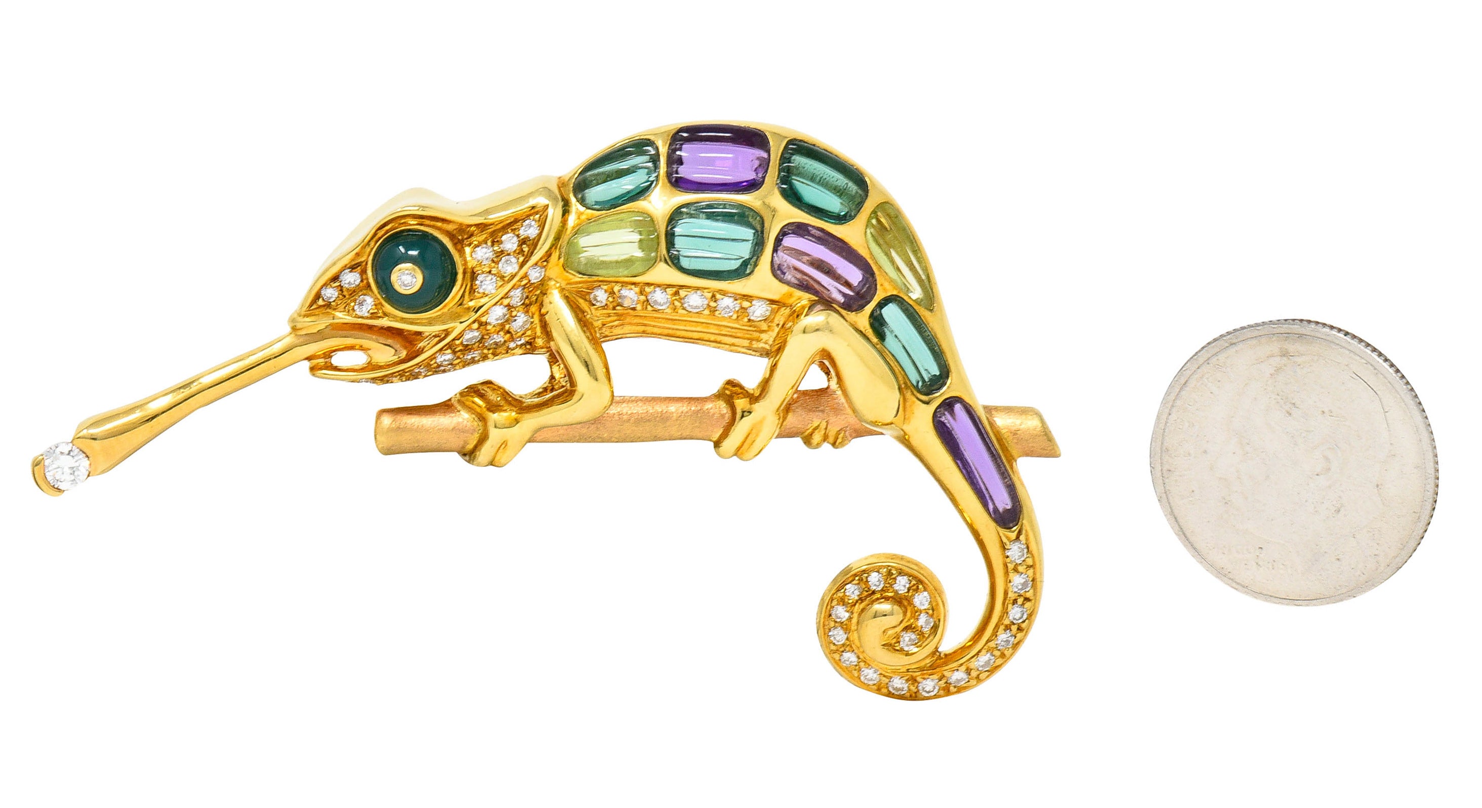 Vintage Diamond Multi-Gem 18 Karat Gold Carved Stone Chameleon BroochBrooch - Wilson's Estate Jewelry