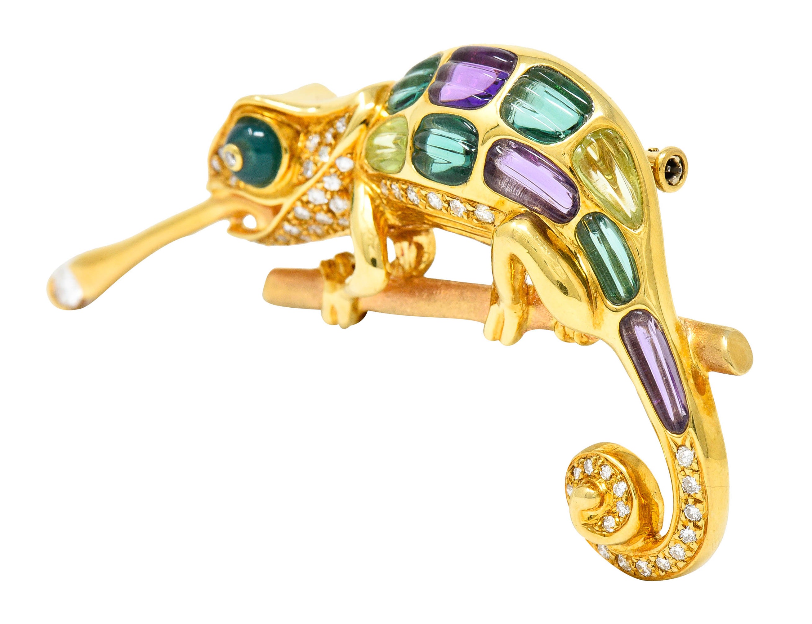 Vintage Diamond Multi-Gem 18 Karat Gold Carved Stone Chameleon BroochBrooch - Wilson's Estate Jewelry