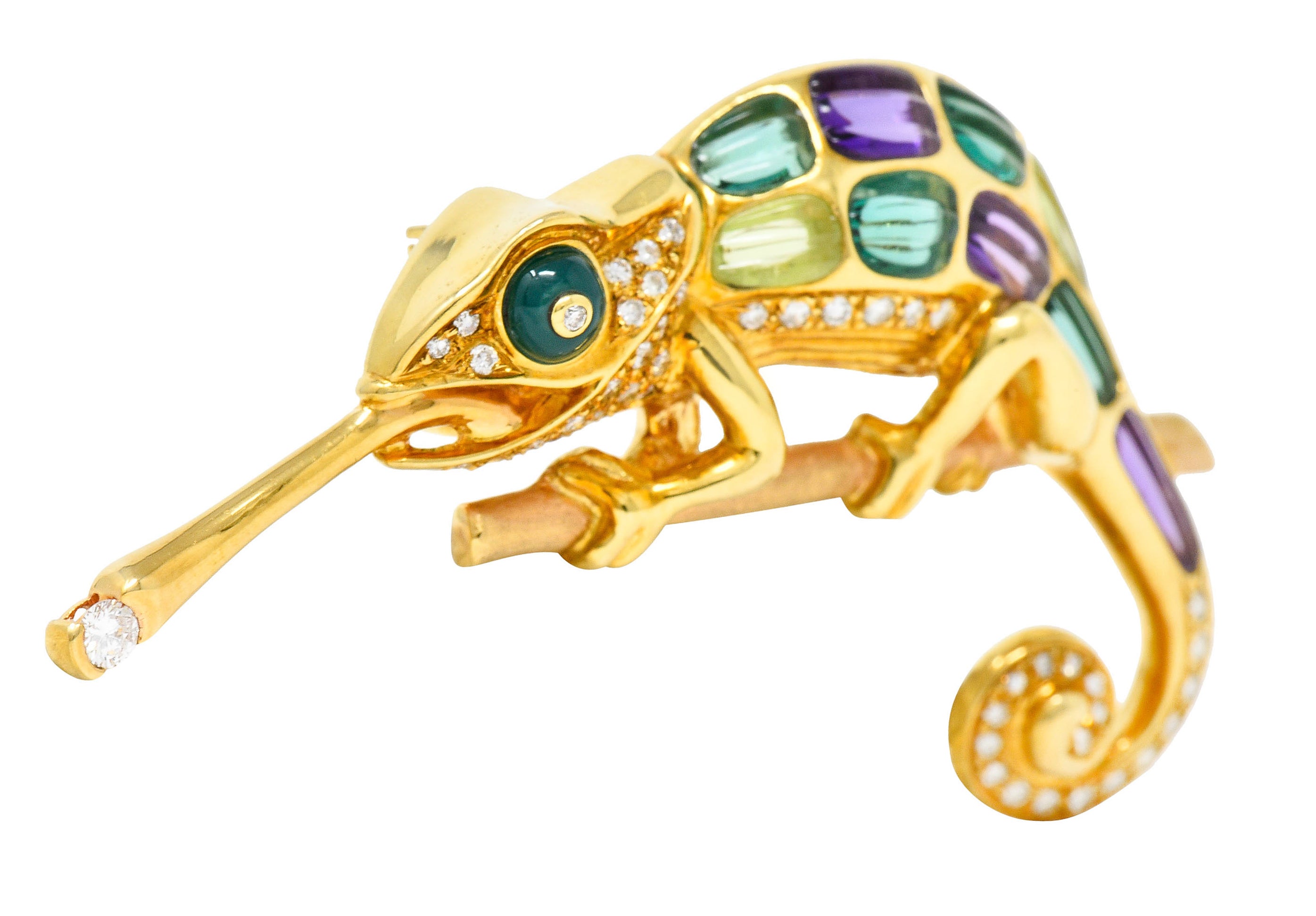 Vintage Diamond Multi-Gem 18 Karat Gold Carved Stone Chameleon BroochBrooch - Wilson's Estate Jewelry